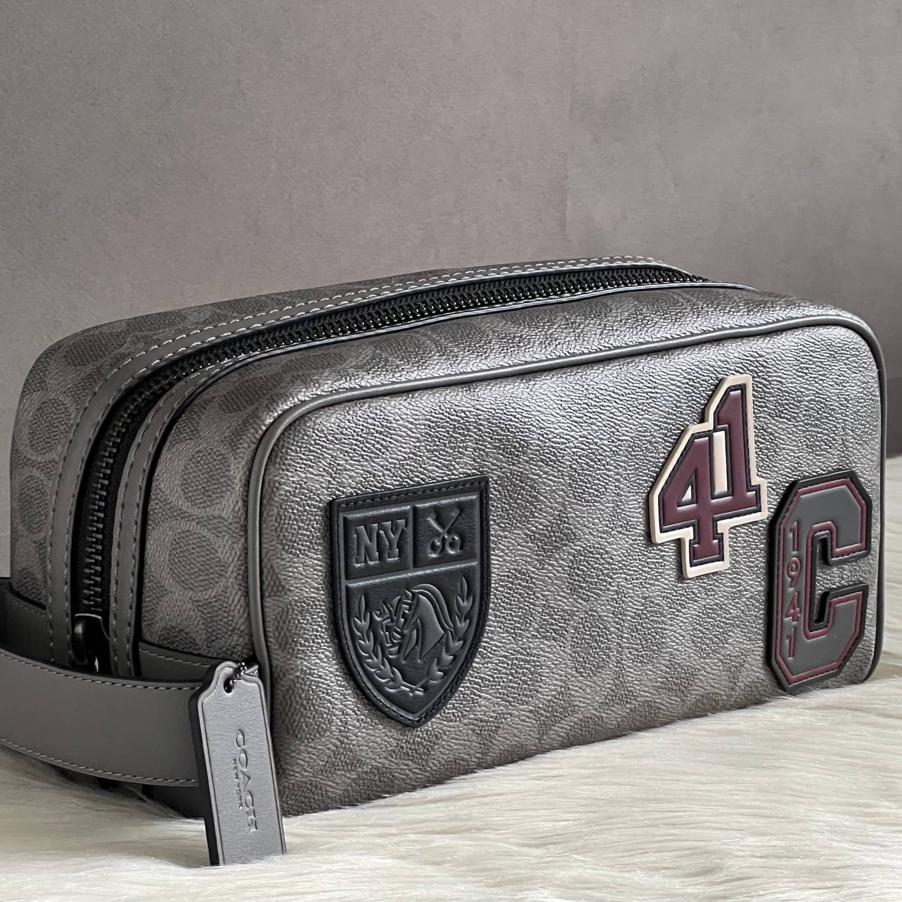 Túi Coach Nam Large Travel Kit In Signature Canvas With Patches Grey Multi CCF36 5