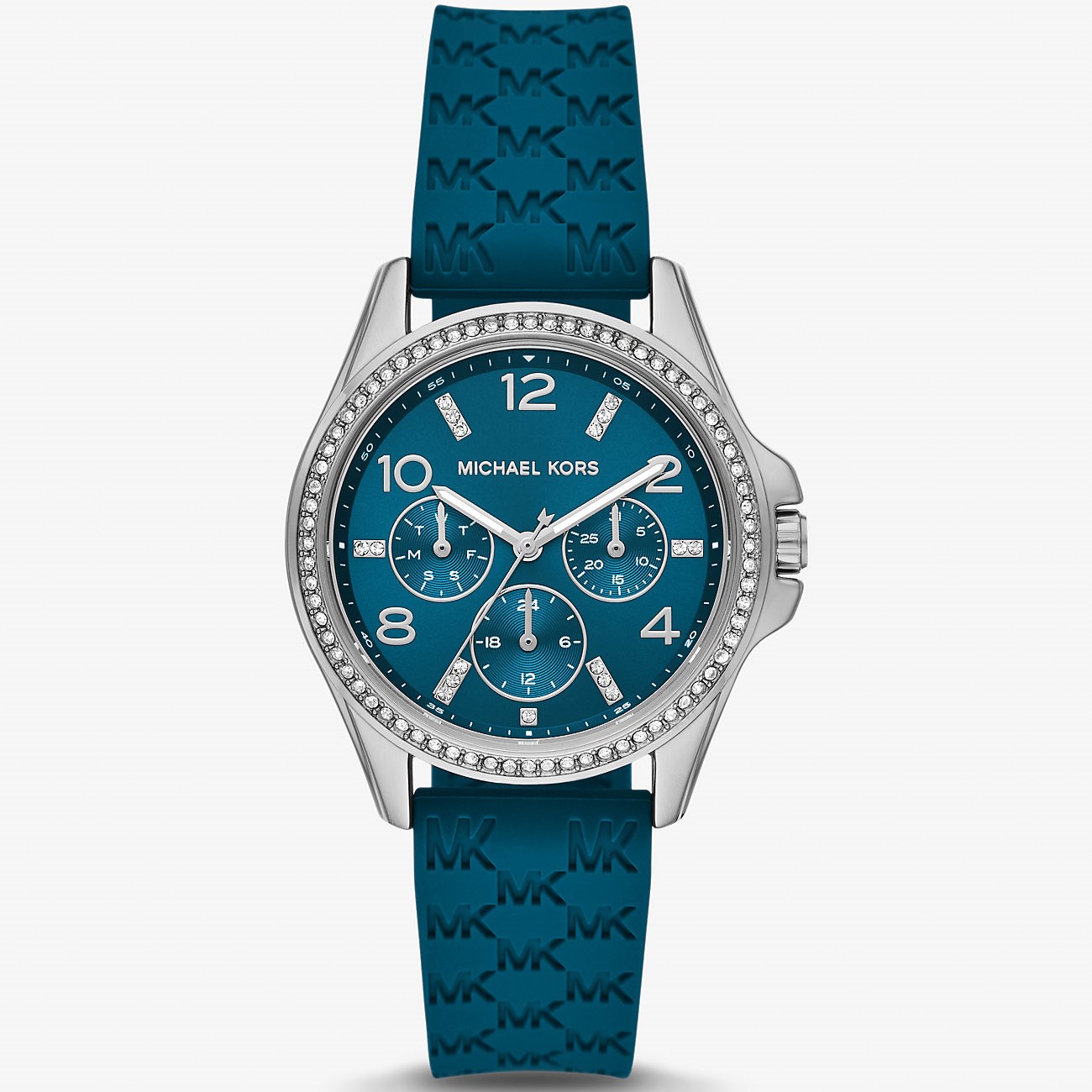 ĐỒNG HỒ MK NỮ MICHAEL KORS MINI PILOT PAVÉ SILVER-TONE AND LOGO SILICONE TEAL WATCH MKO1004 3