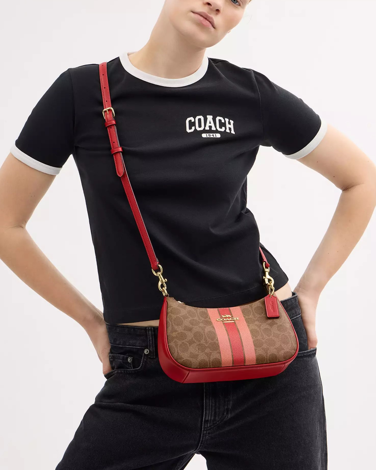 Túi Coach Teri Shoulder Bag In Signature Canvas With Stripe Tan Multi CAL81 6