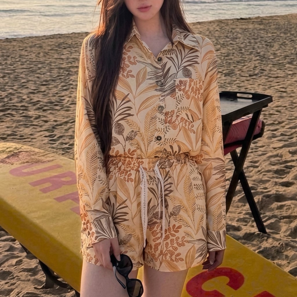 Set bộ tơ lụa vàng họa tiết hoa lá Gucci 8