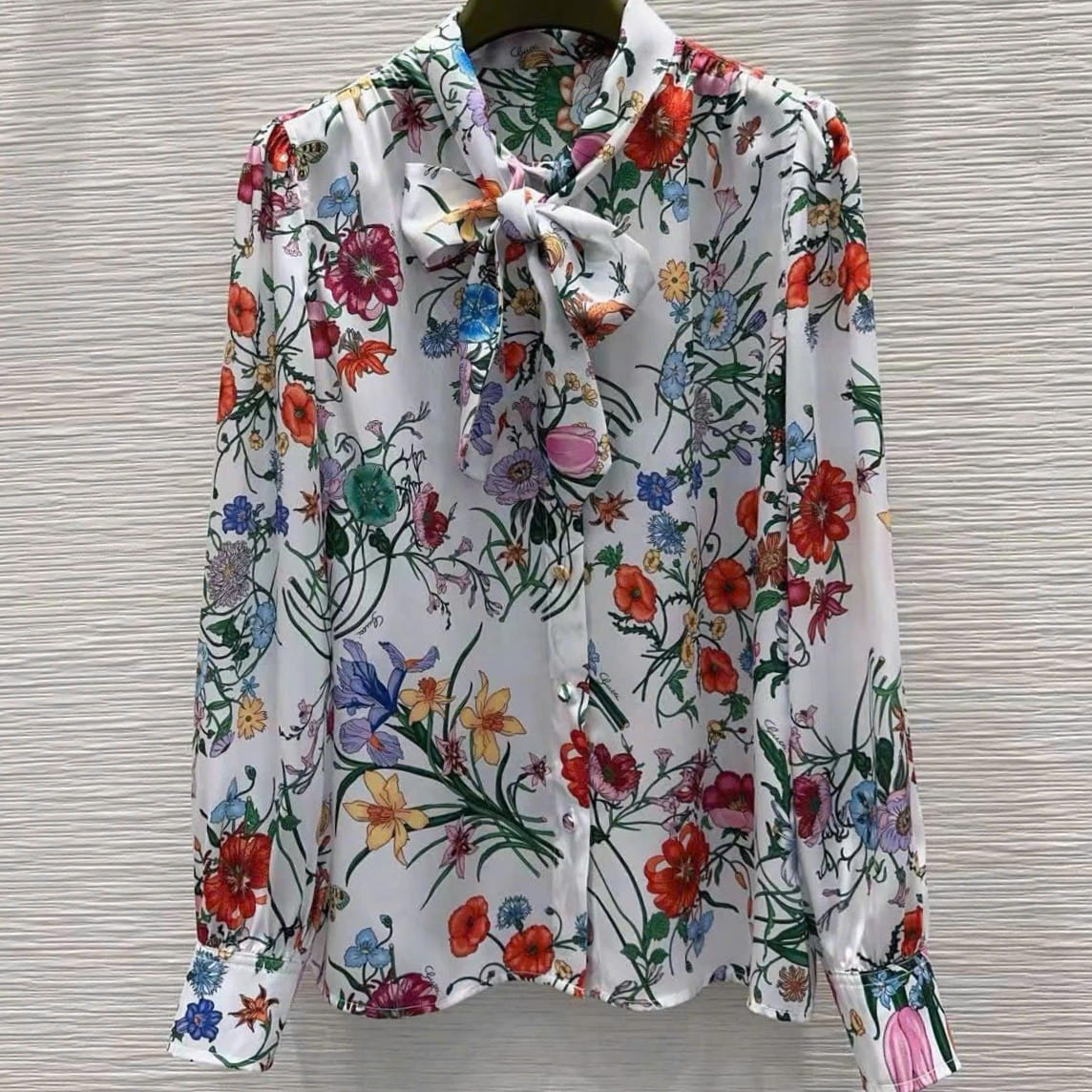 Áo Gucci lụa Printed Silk Twill Shirt With Bow 6