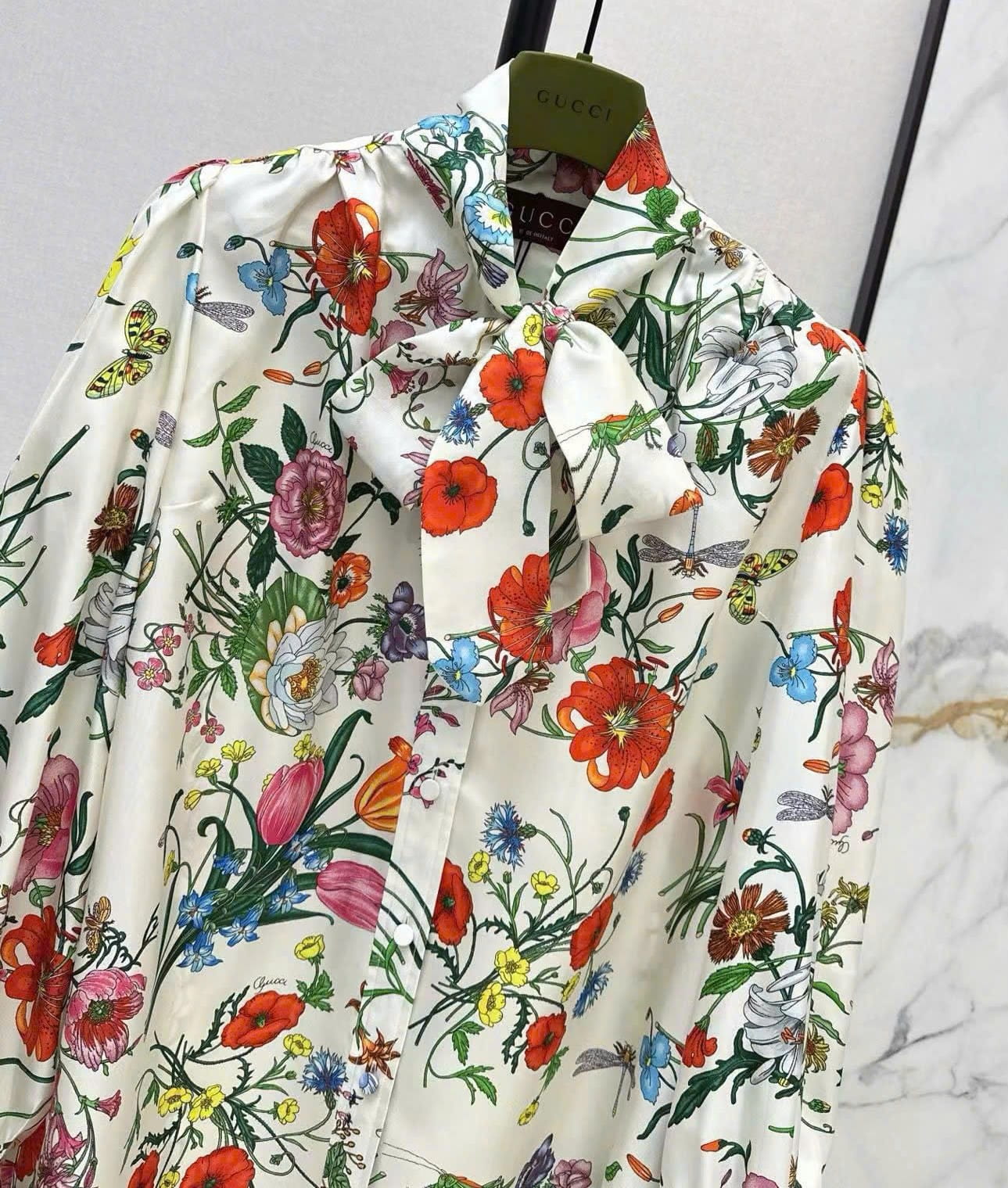 Áo Gucci lụa Printed Silk Twill Shirt With Bow 8