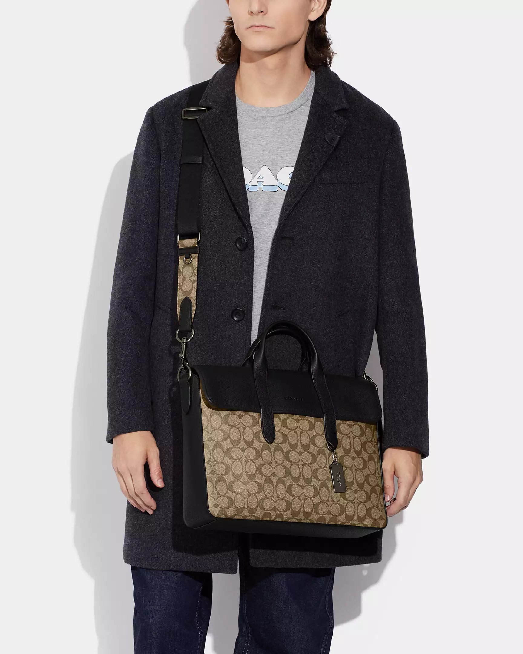 Túi xách laptop Nam Coach Sullivan Portfolio Brief In Signature Canvas Khaki Black C9873 6