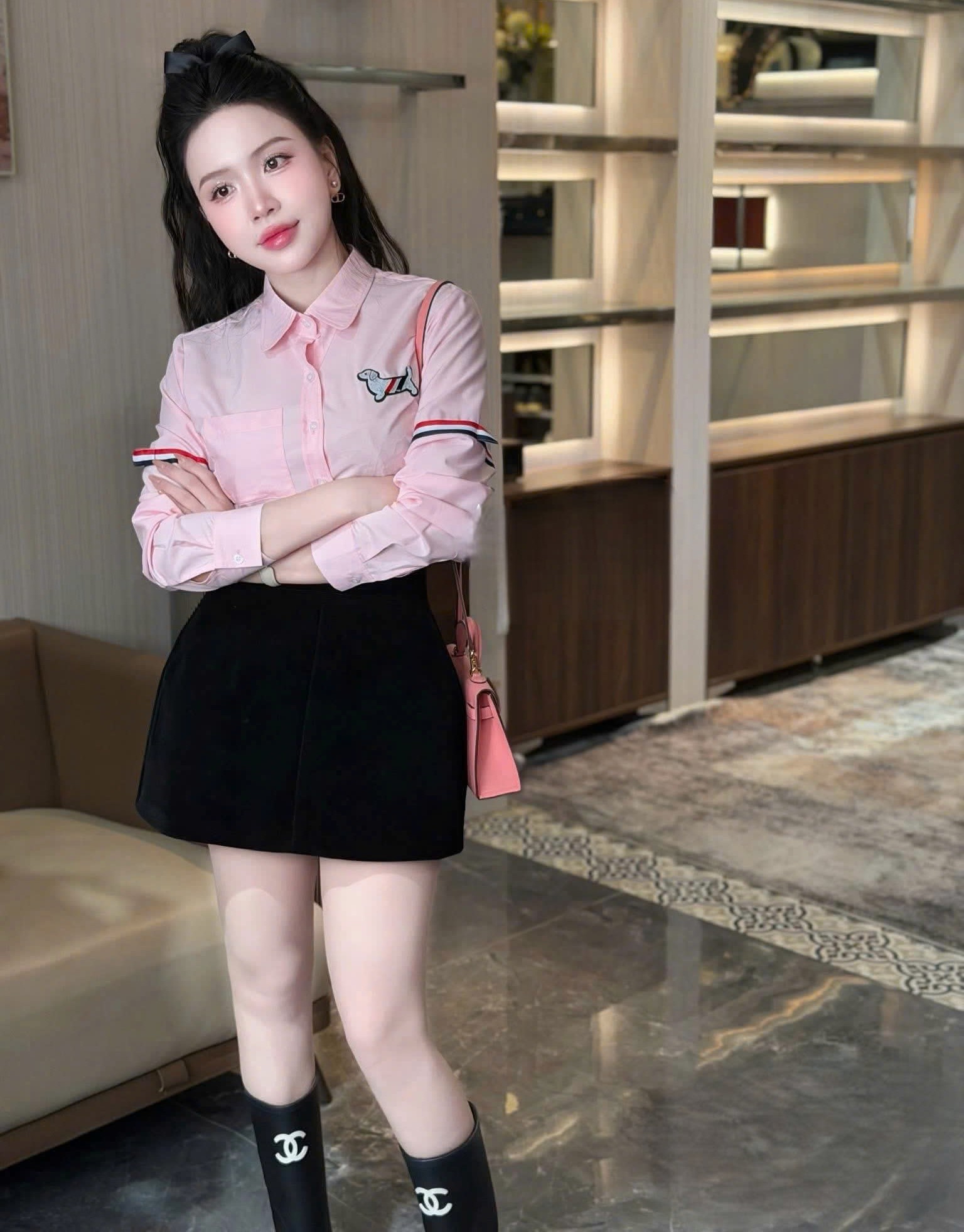 Áo sơ mi nữ tay dài hoa tiết chó Thom Browne 2