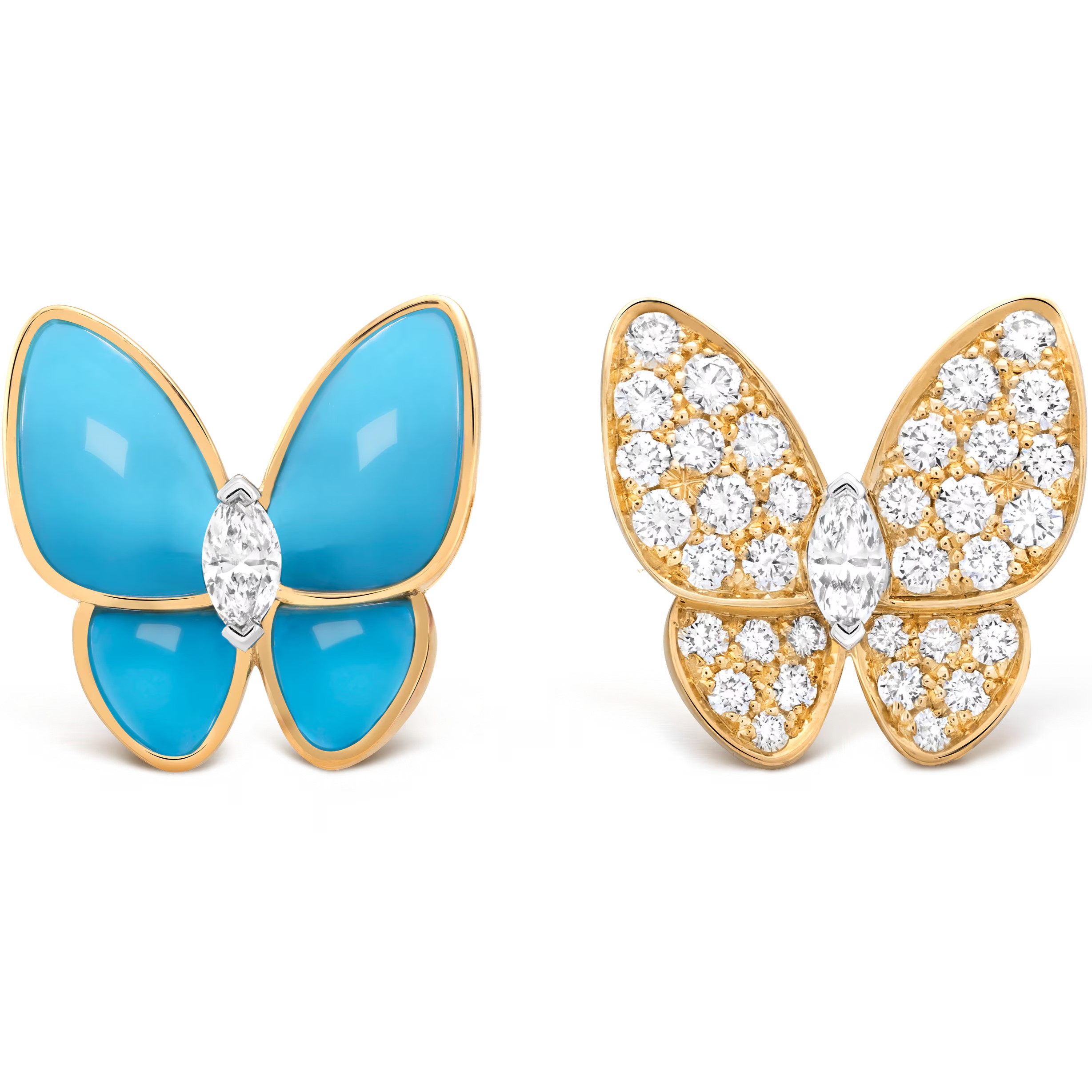 Hoa tai Van Cleef & Arpels Two Butterfly Earrings Yellow Gold Turquoise Round Diamonds Rhodium Plated VCARP7US00 2