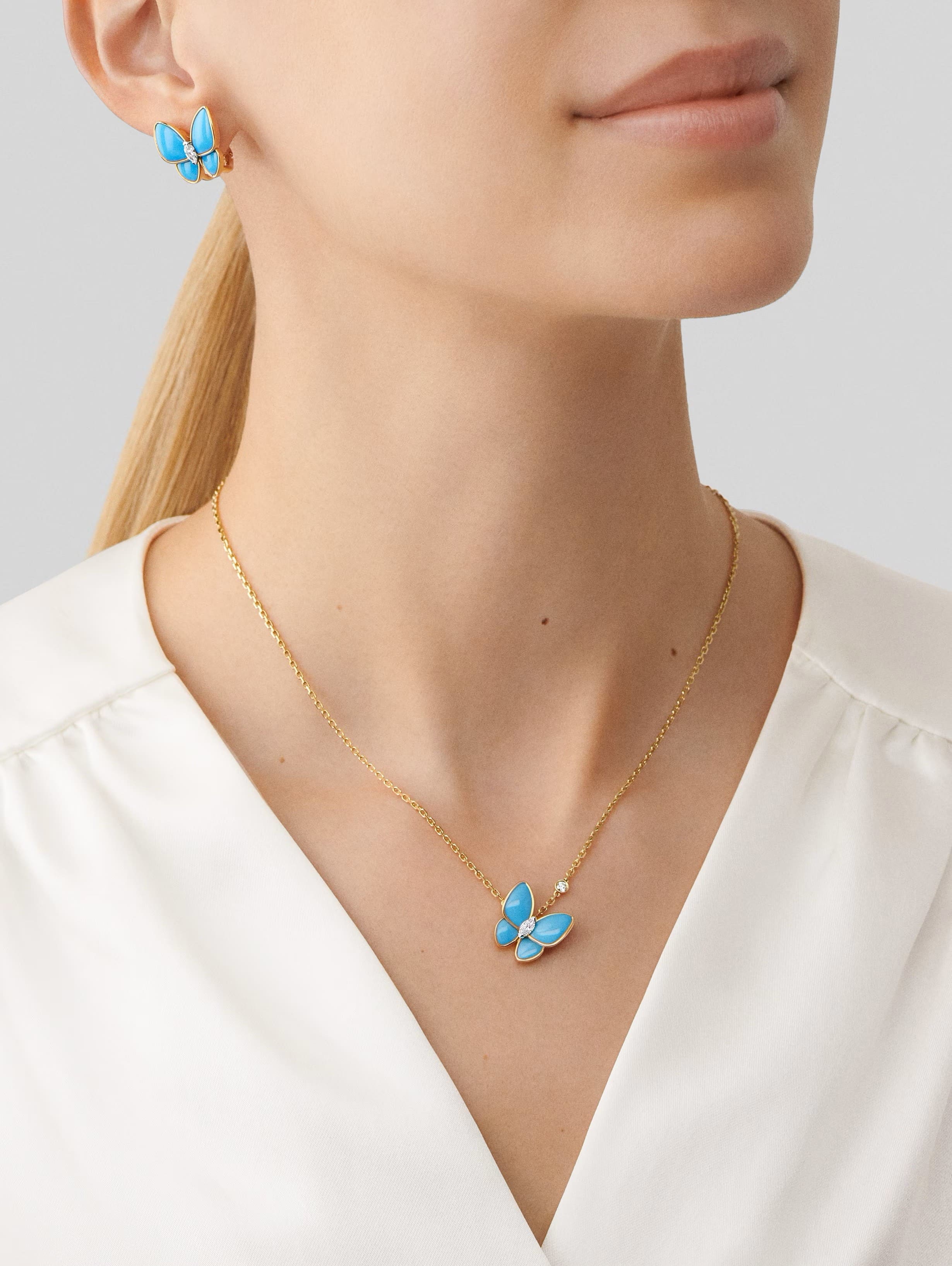 Dây Chuyền Van Cleef & Arpels Two Butterfly Pendant Yellow Gold Diamond Turquoise VCARP7UP00 3