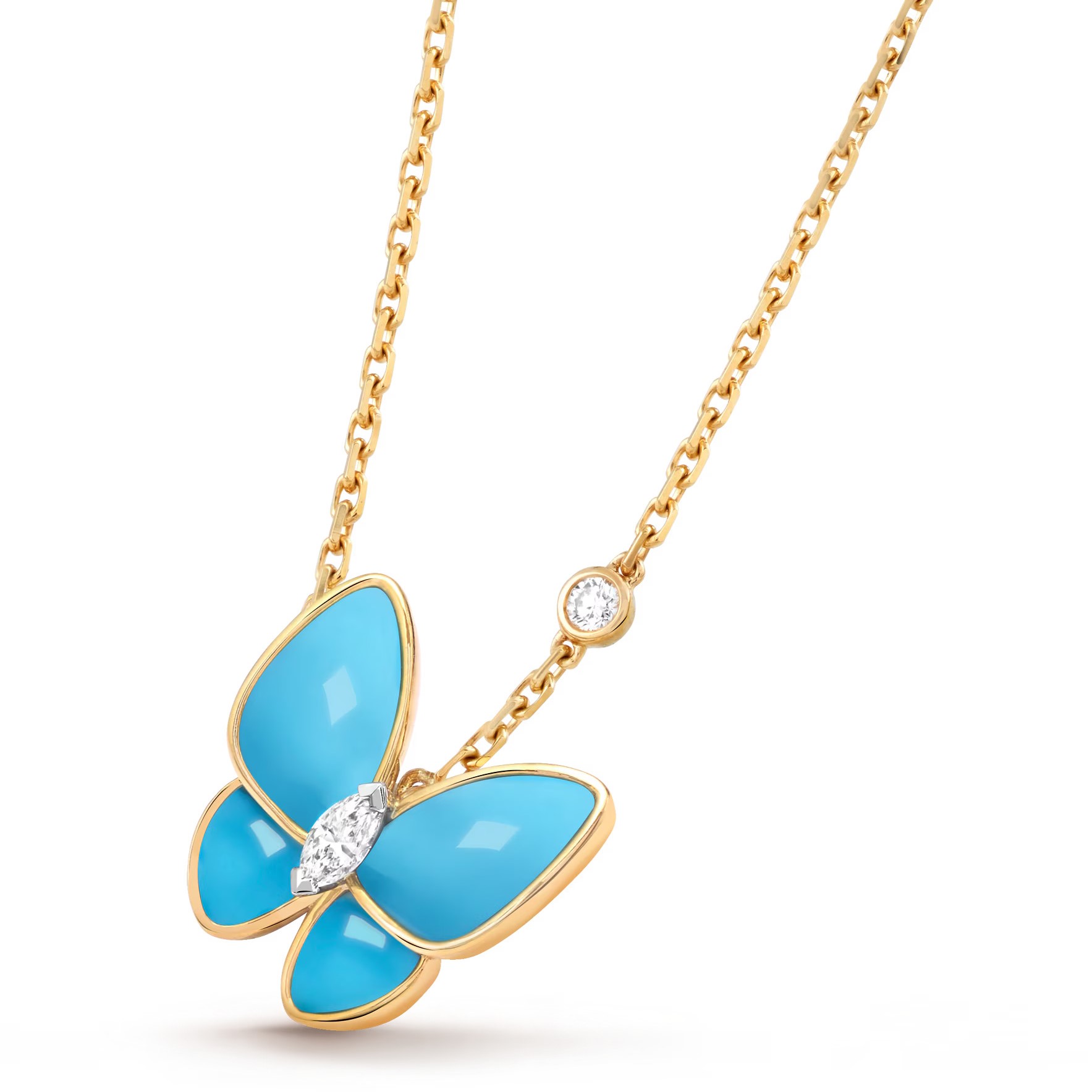 Dây Chuyền Van Cleef & Arpels Two Butterfly Pendant Yellow Gold Diamond Turquoise VCARP7UP00 4