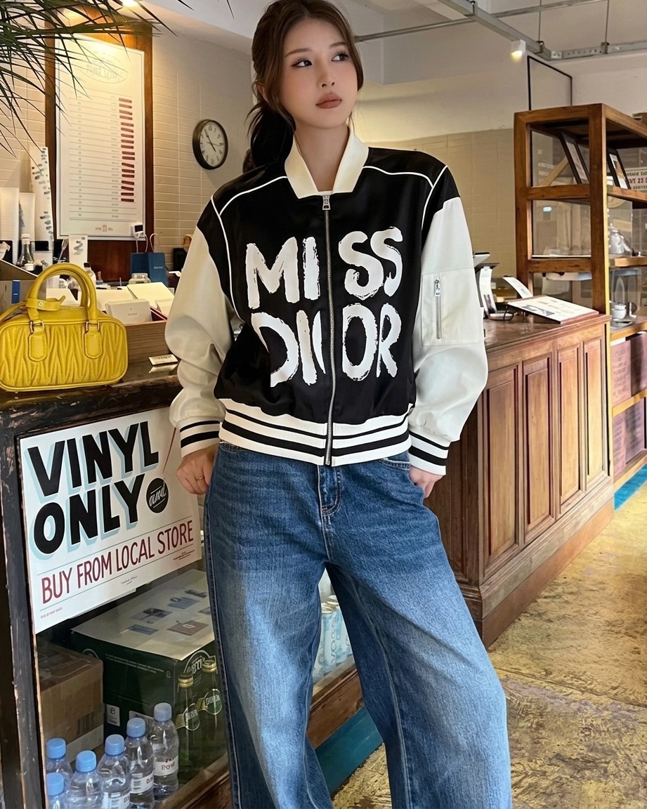 Áo khoác đen phối trắng họa tiết hãng Miss Dior 5