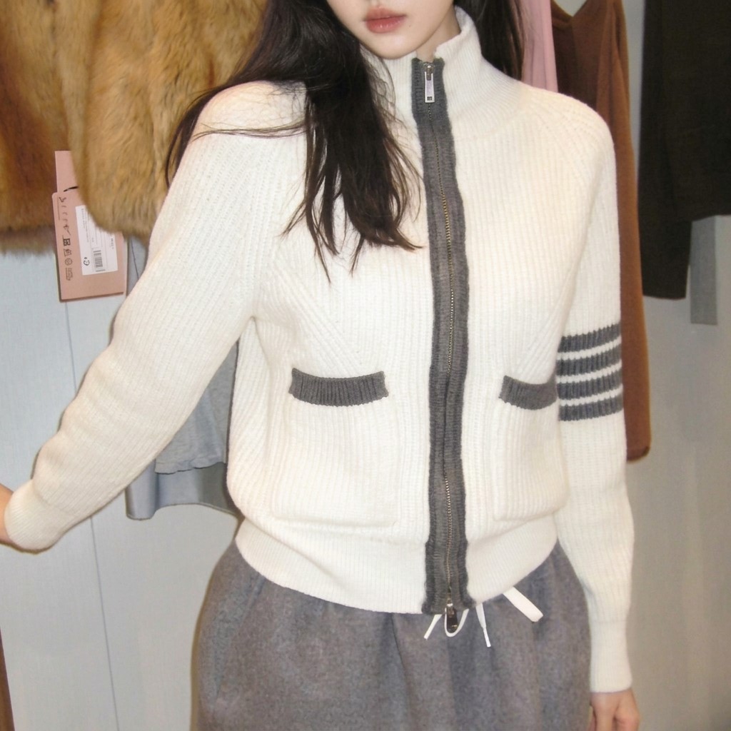 Áo khoác nữ len Thom Browne màu kem phối xám 1