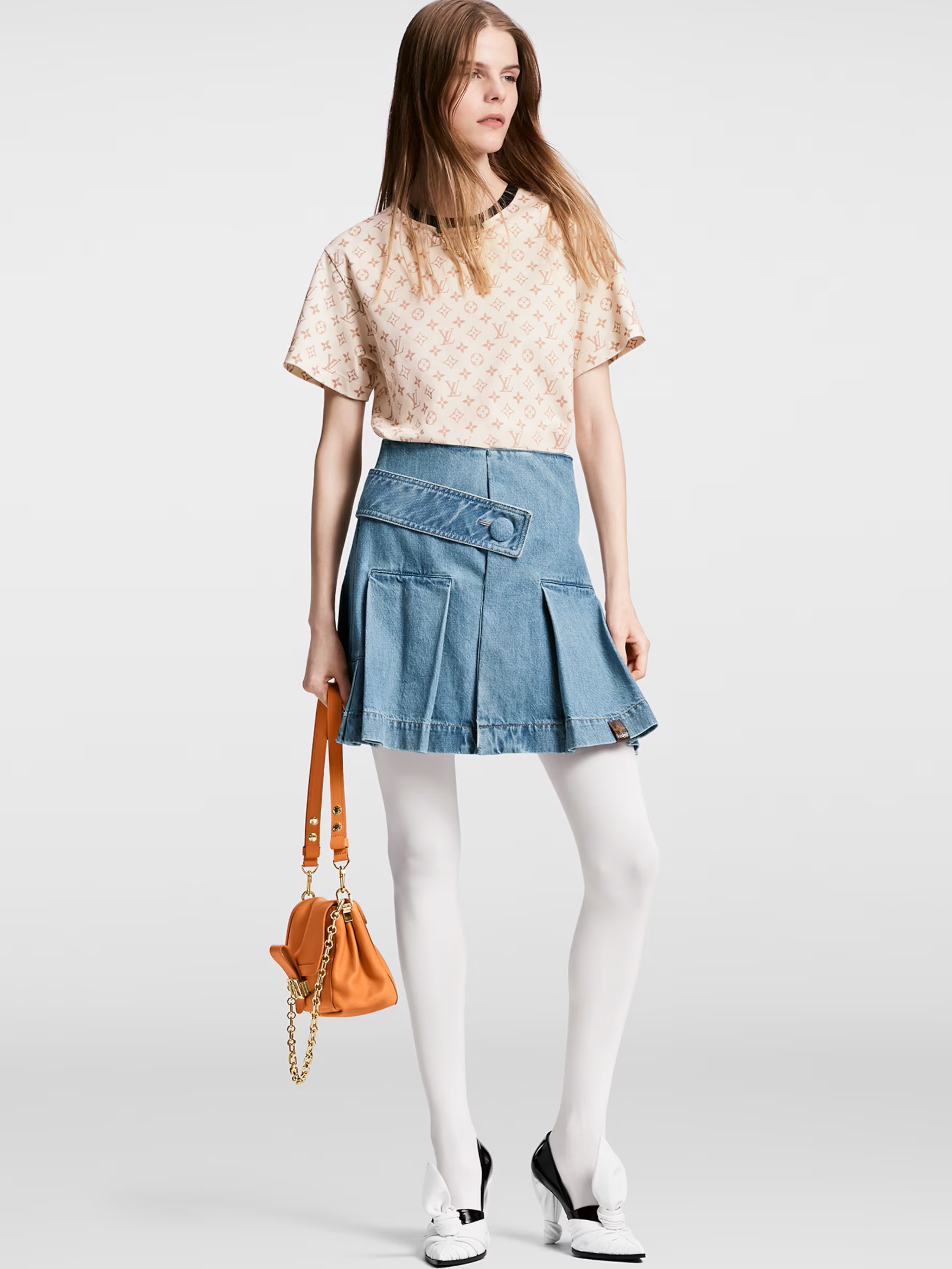 Váy Jeans LV Louis Vuitton Denim Button Tab Pleat Skirt 1AFLXO 6