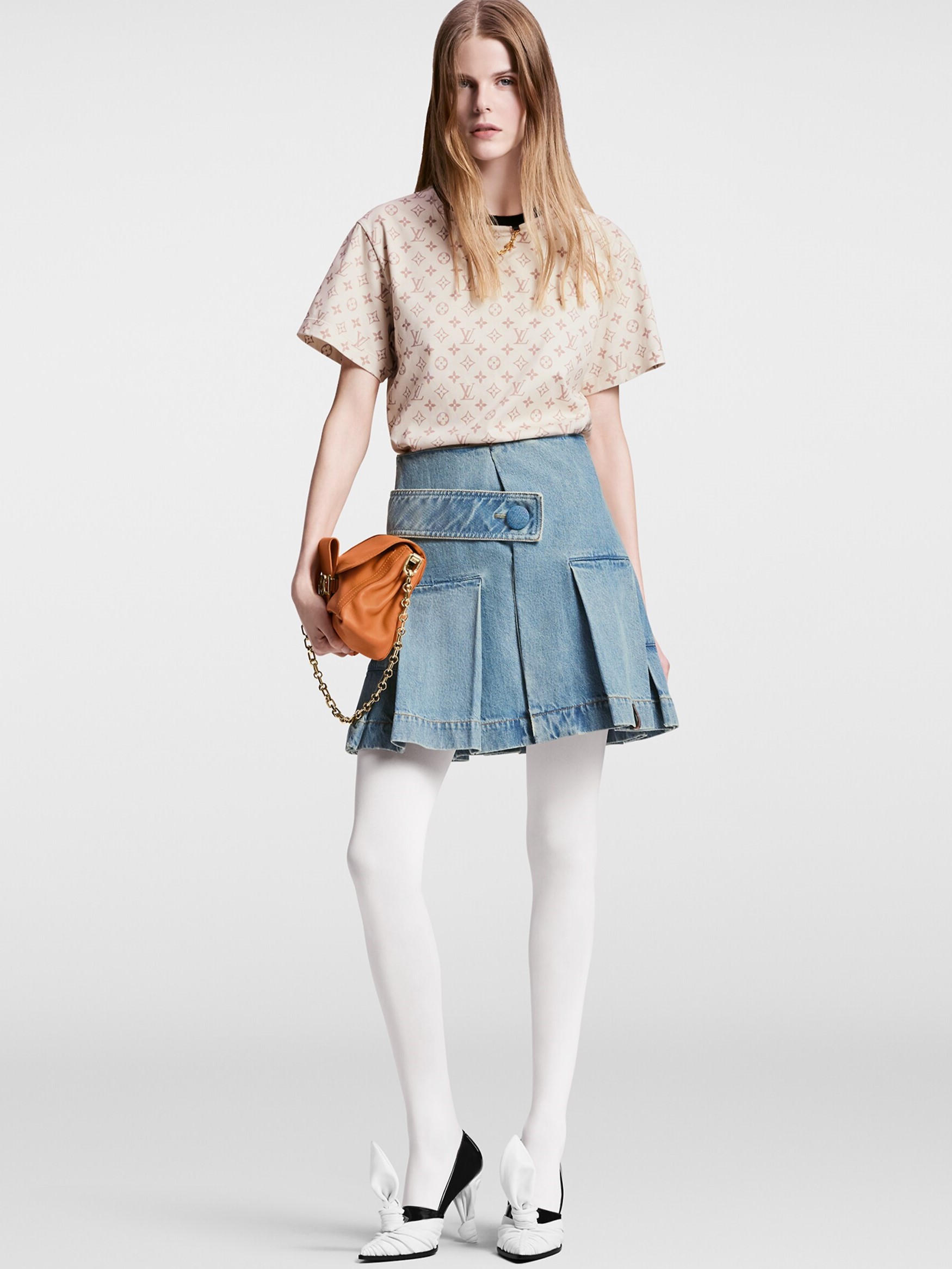 Váy Jeans LV Louis Vuitton Denim Button Tab Pleat Skirt 1AFLXO 10