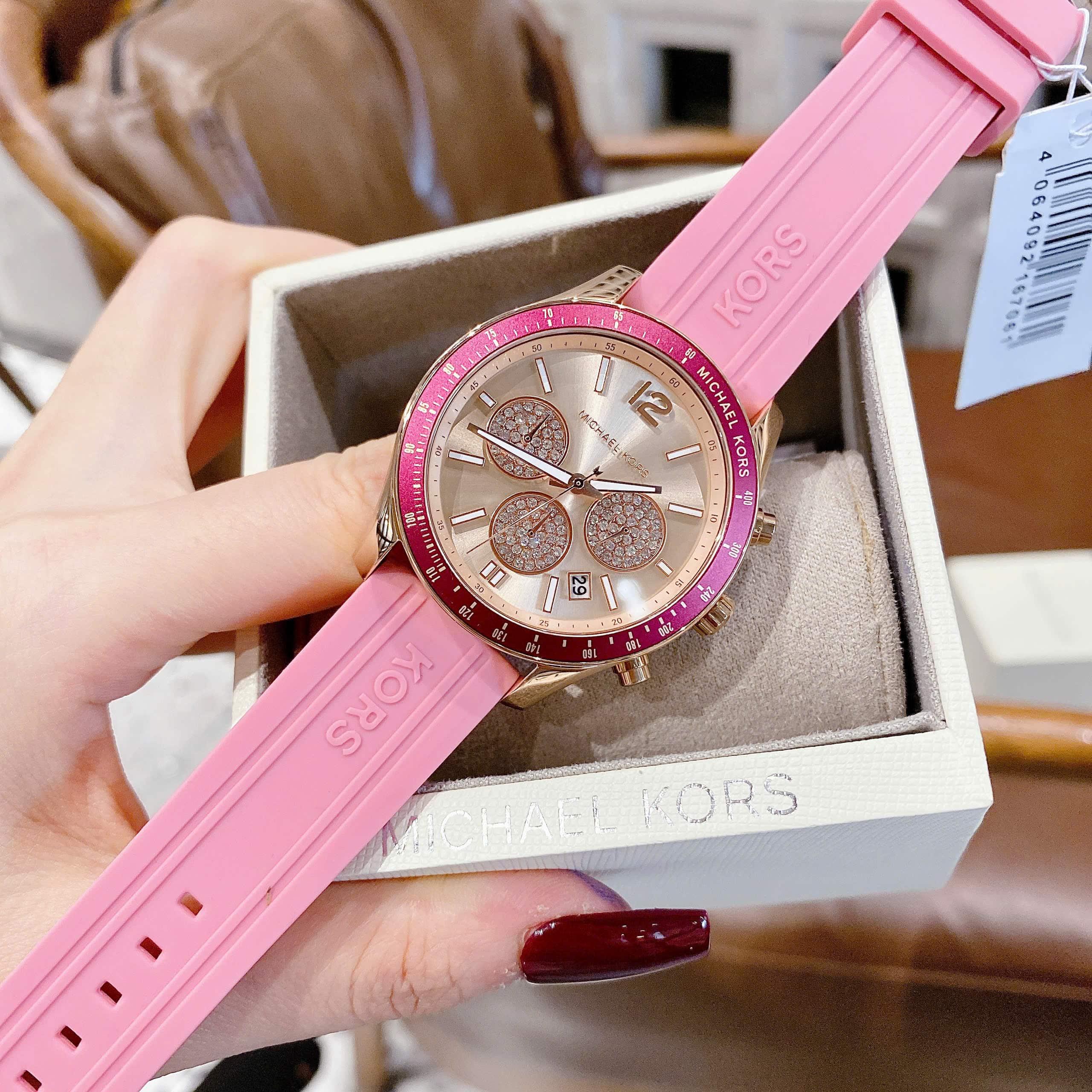 Đồng hồ nữ Michael Kors Pink Silicone Strap Rose Gold Dial Watch MKO1039 2
