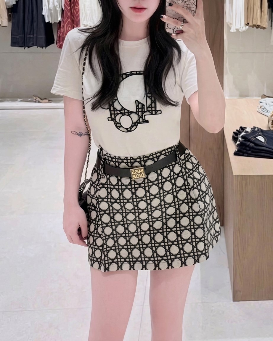Set áo thun váy sọc kèm thắt lưng Dior 1