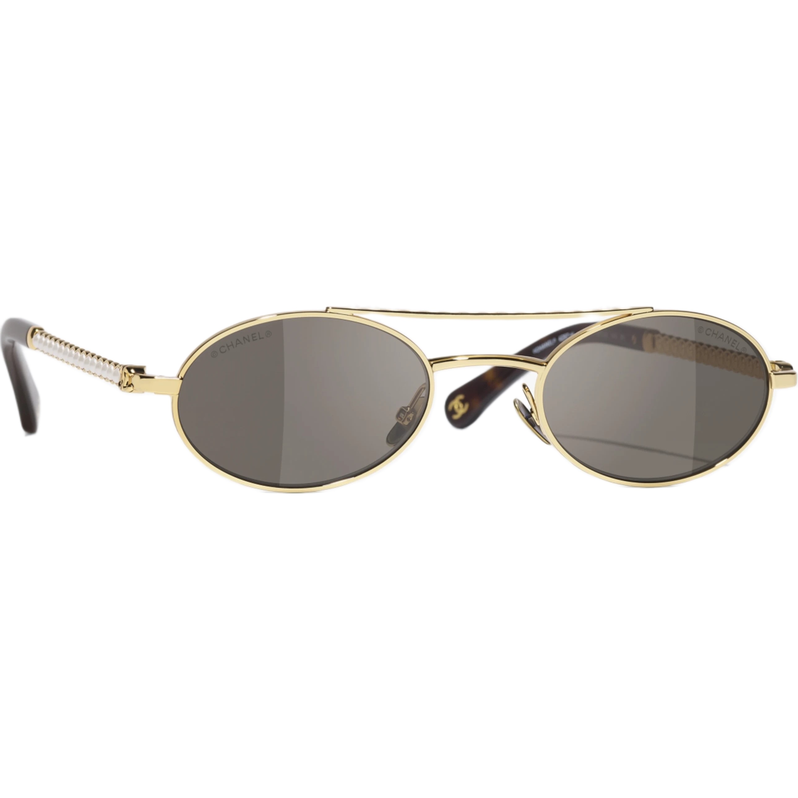 Mắt kính Chanel Oval Sunglasses Metal Imitation Pearls Gold Frame Brown Lenses 4297H 8