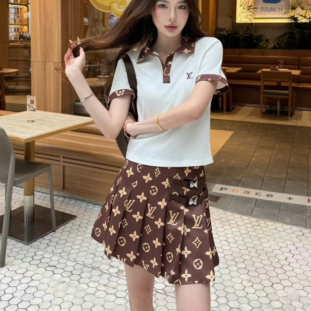 Set áo thun có cổ váy xòe nâu LV 1