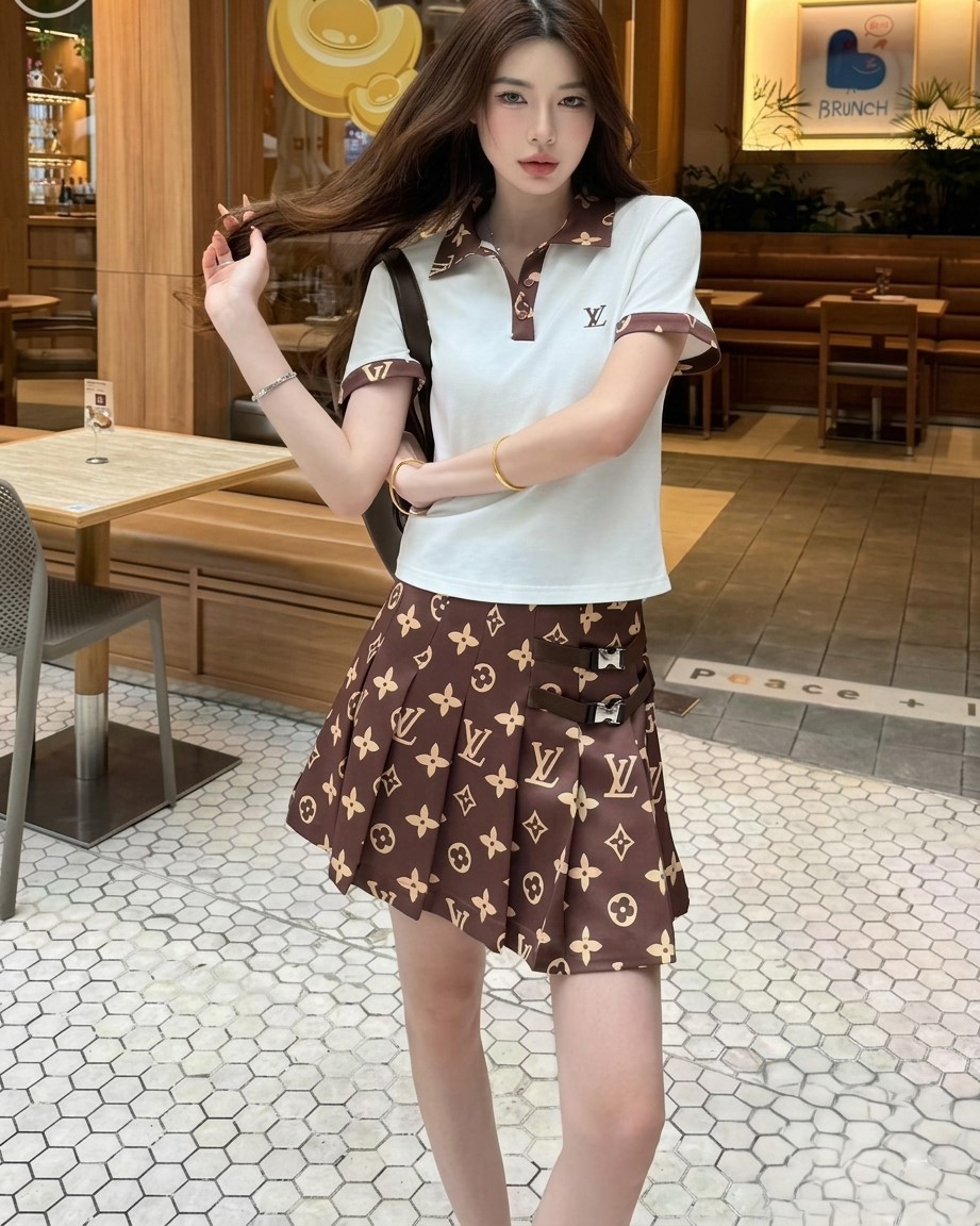Set áo thun có cổ váy xòe nâu LV 3