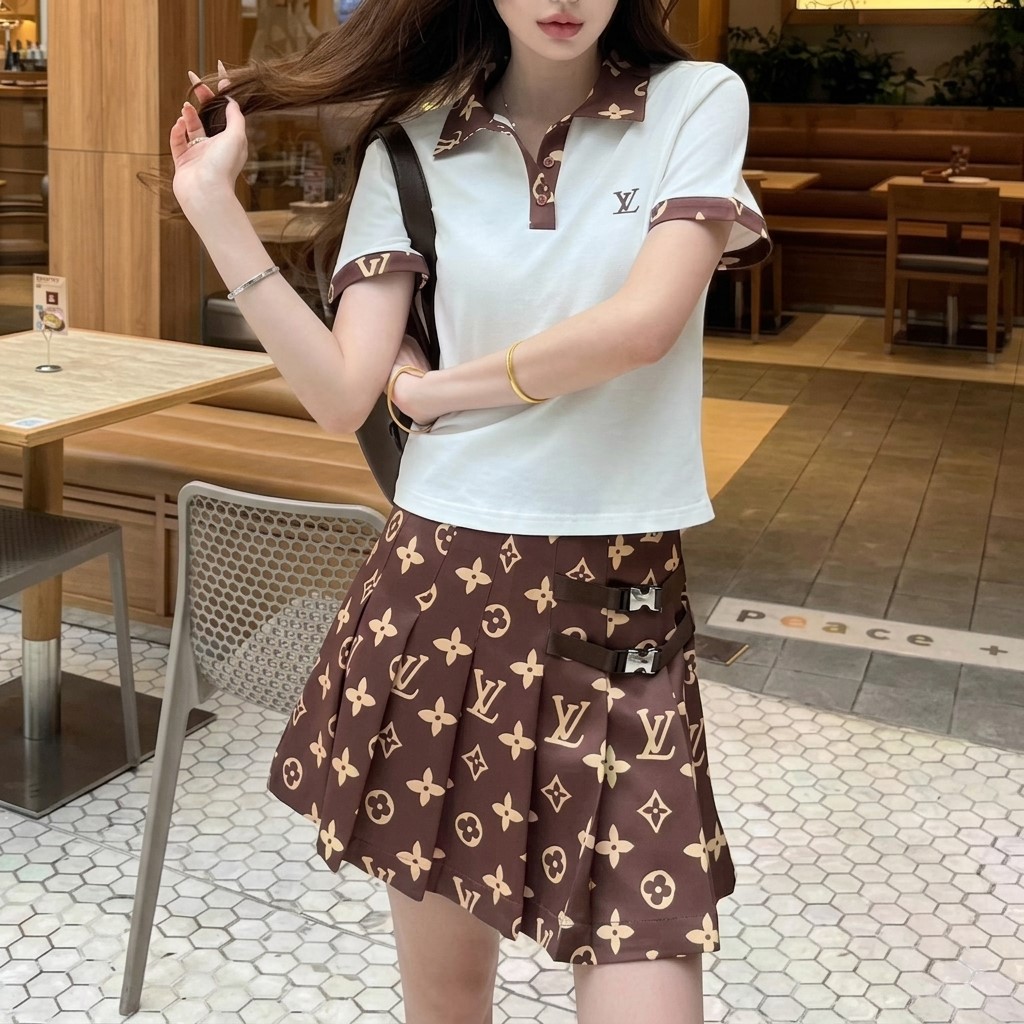 Set áo thun có cổ váy xòe nâu LV 7