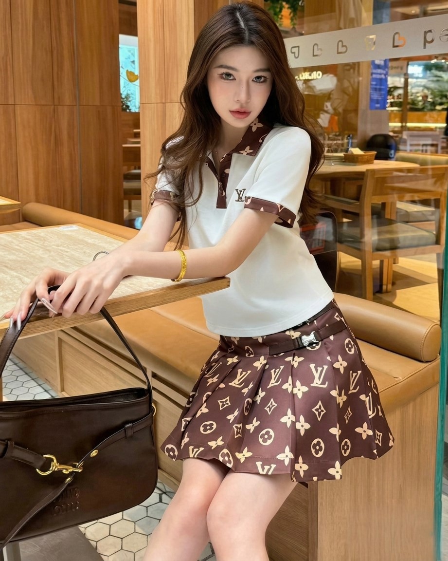 Set áo thun có cổ váy xòe nâu LV 8