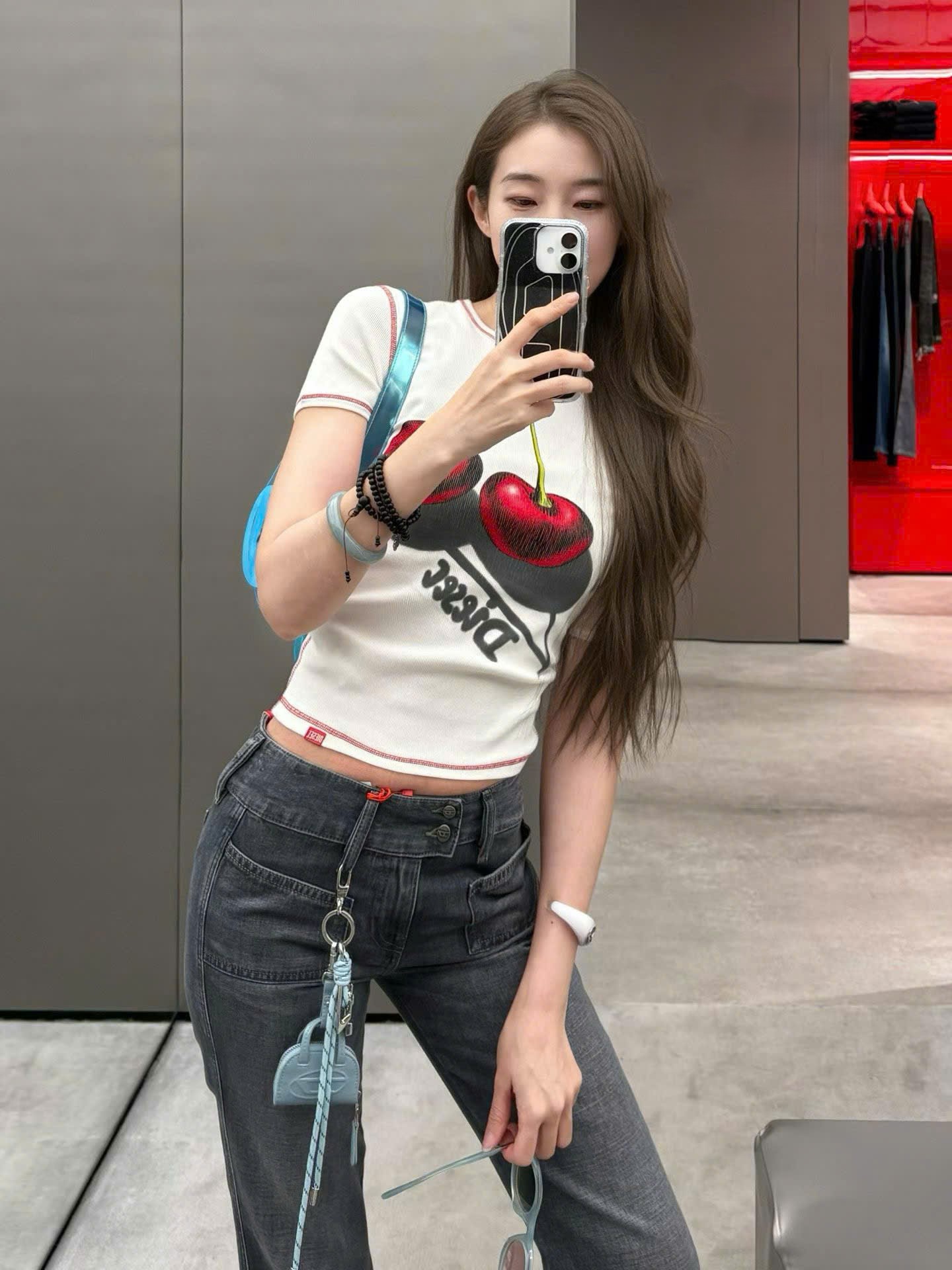 Áo Diesel Slim Cotton T-shirt With Cherry Print White 4