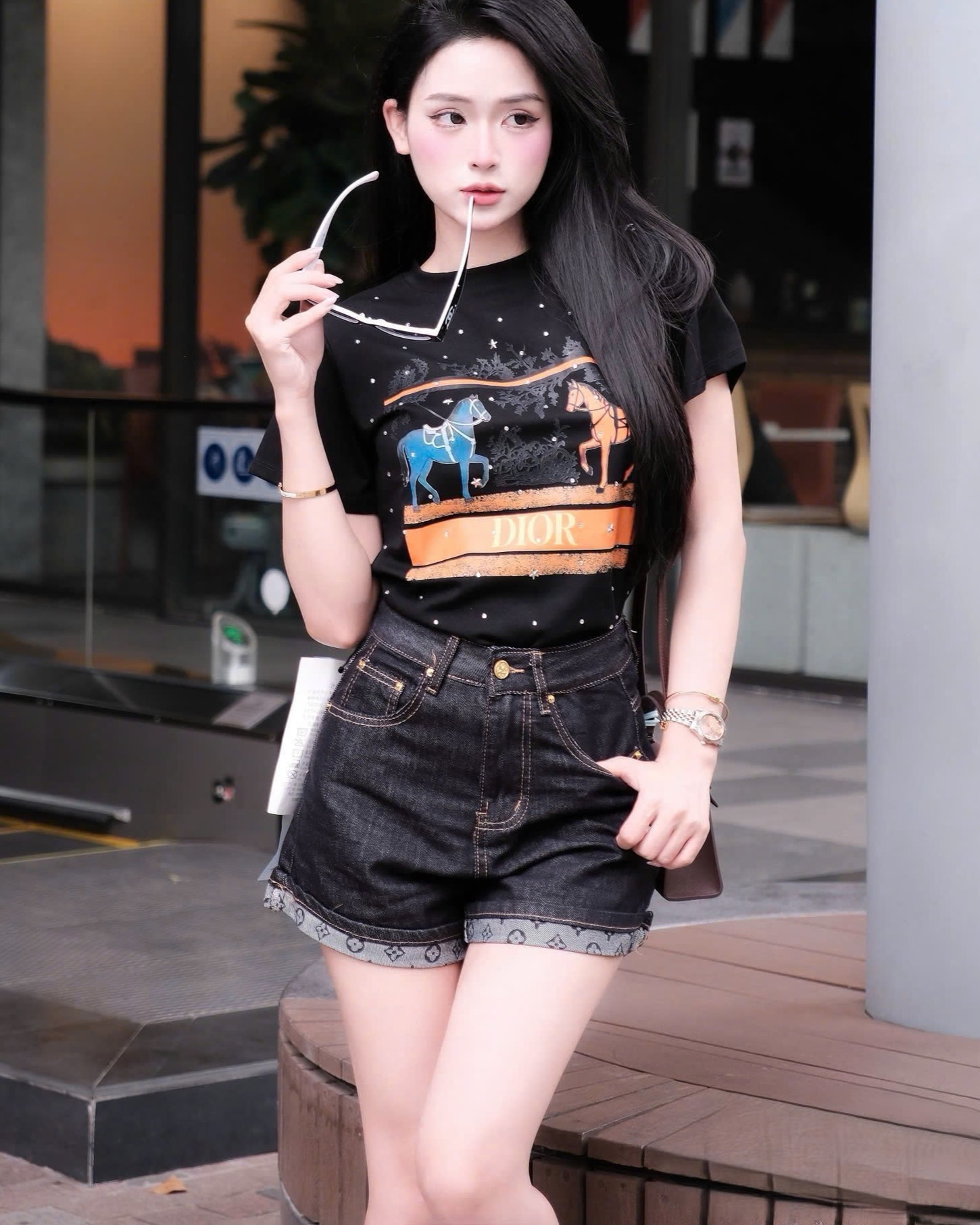 Áo thun nữ Dior trắng đen họa tiết ngựa đính đá 9