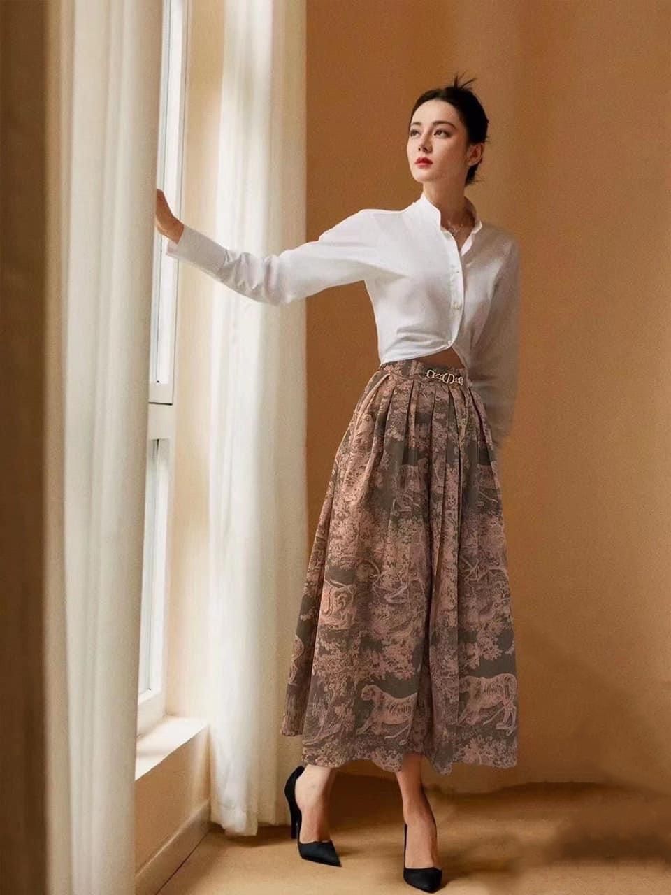 VÁY DIORIVIERA FLARED SKIRT GRAY AND PINK COTTON MUSLIN WITH TOILE DE JOUY REVERSE MOTIF 2