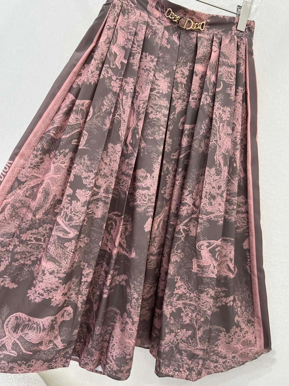 VÁY DIORIVIERA FLARED SKIRT GRAY AND PINK COTTON MUSLIN WITH TOILE DE JOUY REVERSE MOTIF 4