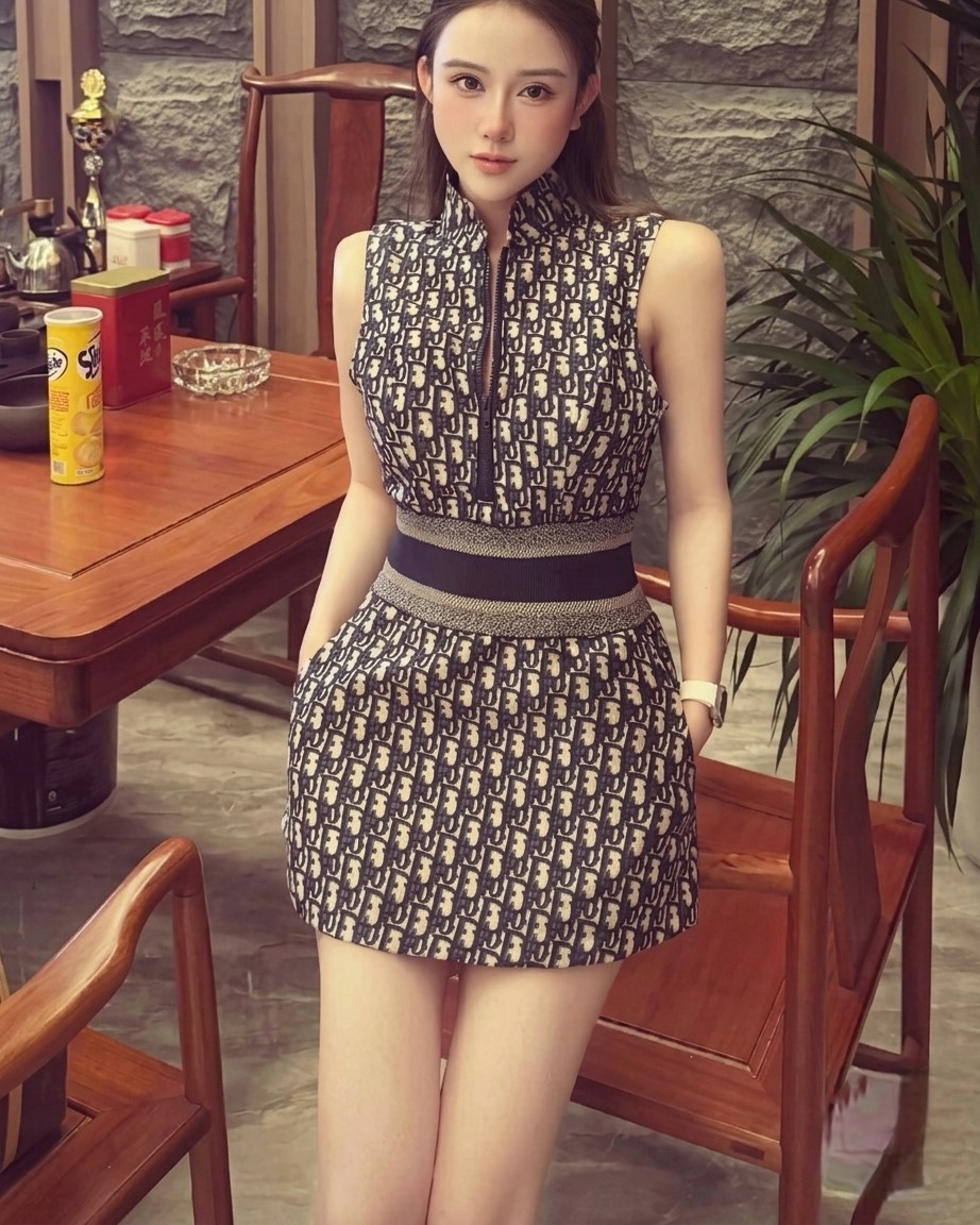 Áo đầm nữ sát nách họa tiết hãng Dior dáng ôm 7