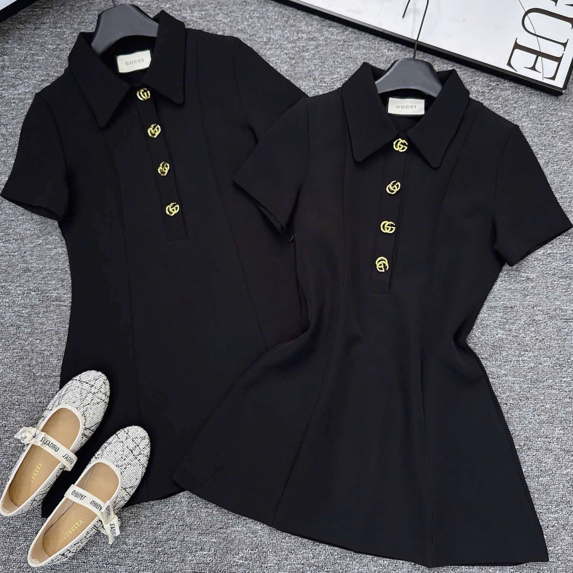 Áo đầm đen nút vàng dáng xòe Gucci 9