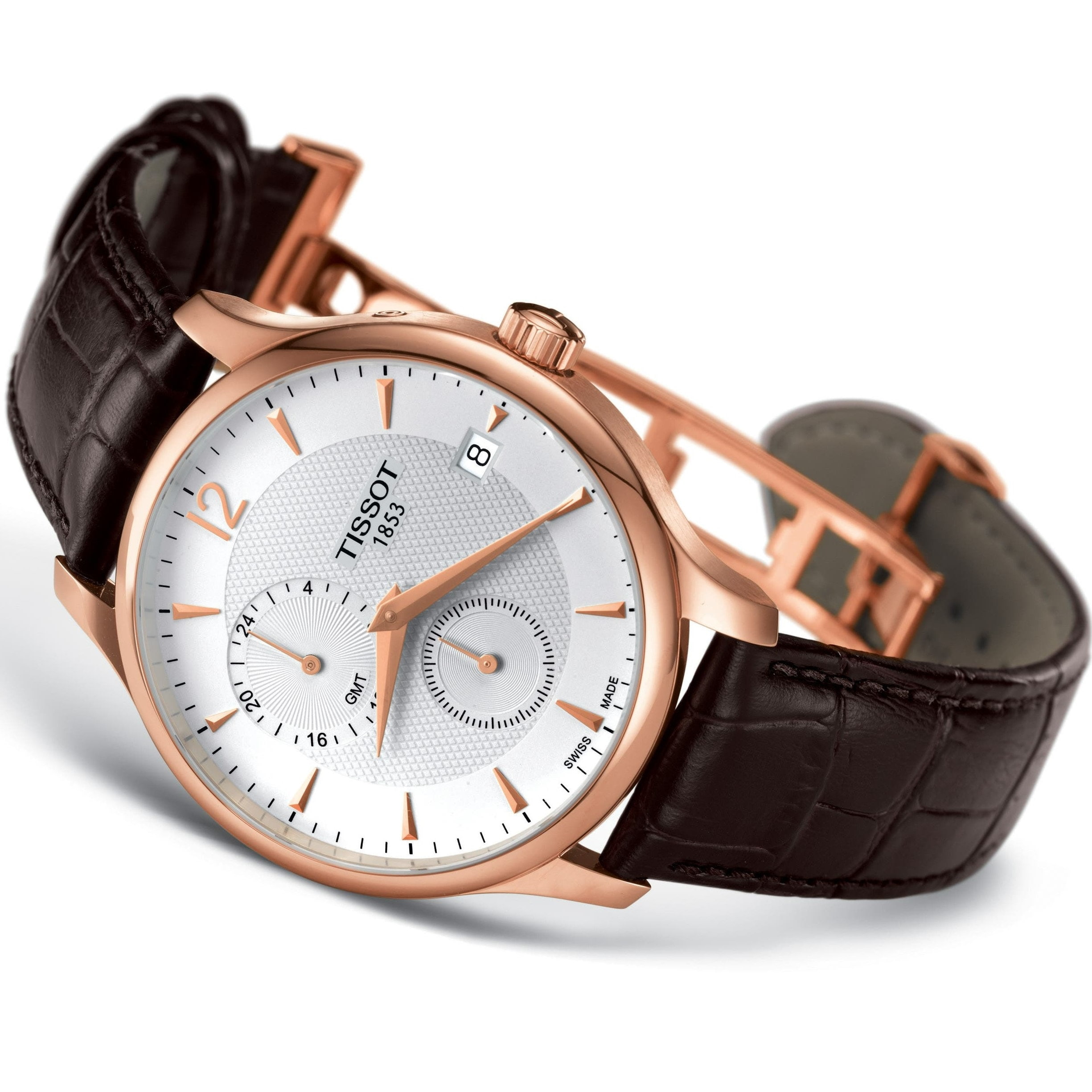 ĐỒNG HỒ NAM DÂY DA TISSOT TRADITION GMT ROSE GOLD LEATHER STRAP WATCH T063.639.36.037.00 9