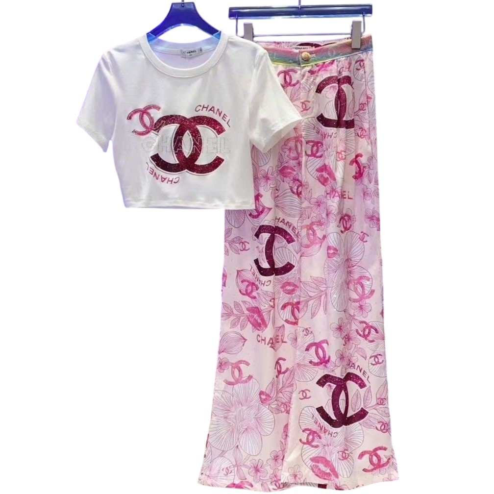 Set bộ nữ quần suông hồng áo coptop chanel trắng 4