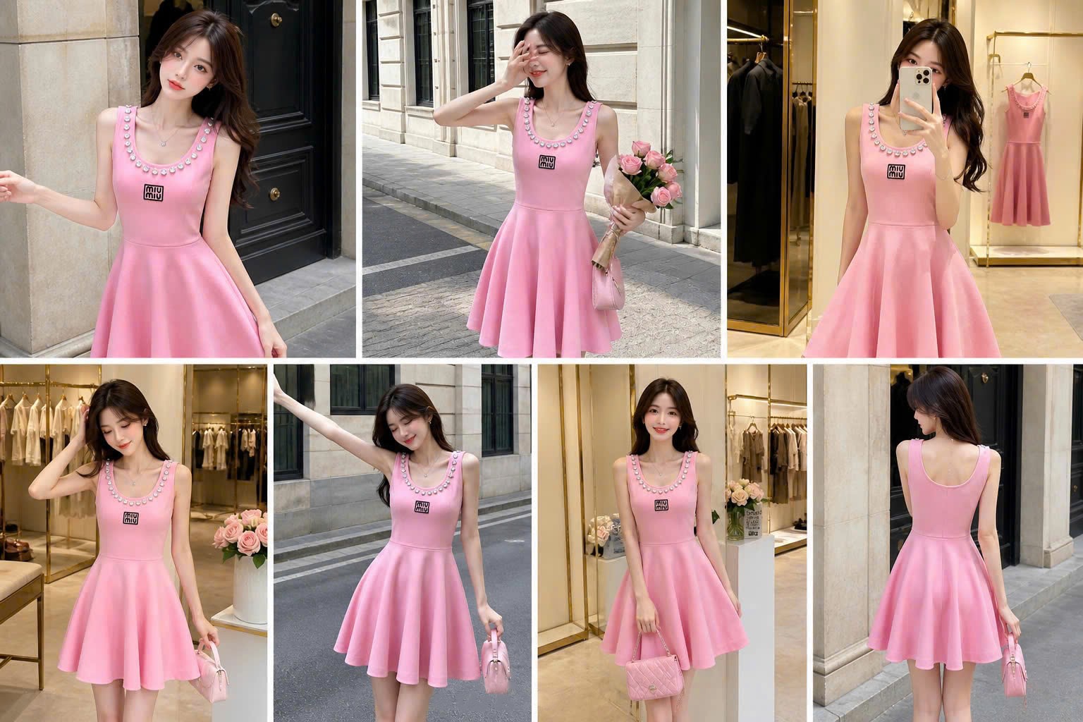 Áo đầm nữ sát nách dáng xòe nhiếu màu đính đá Miu Miu 7