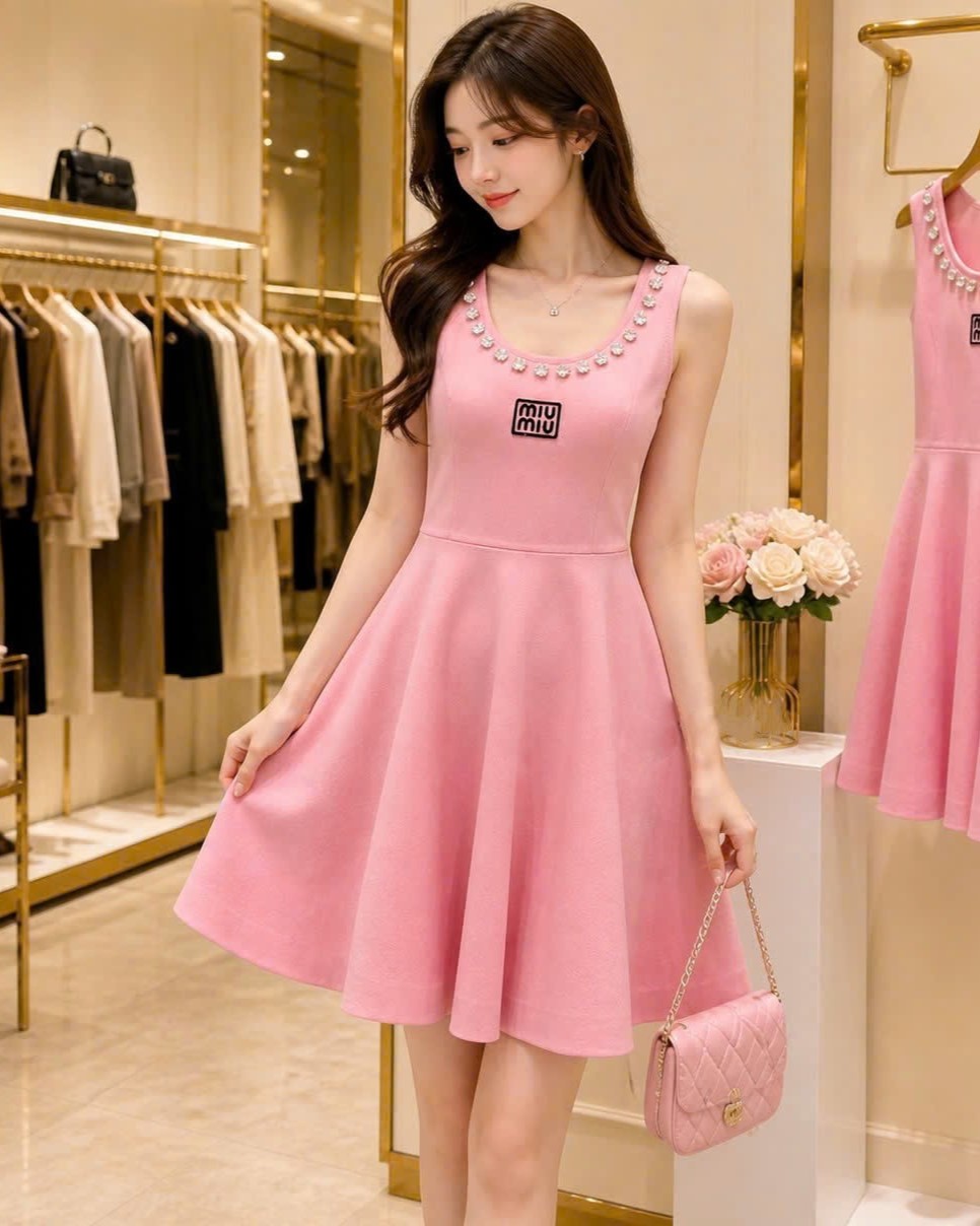 Áo đầm nữ sát nách dáng xòe nhiếu màu đính đá Miu Miu 12