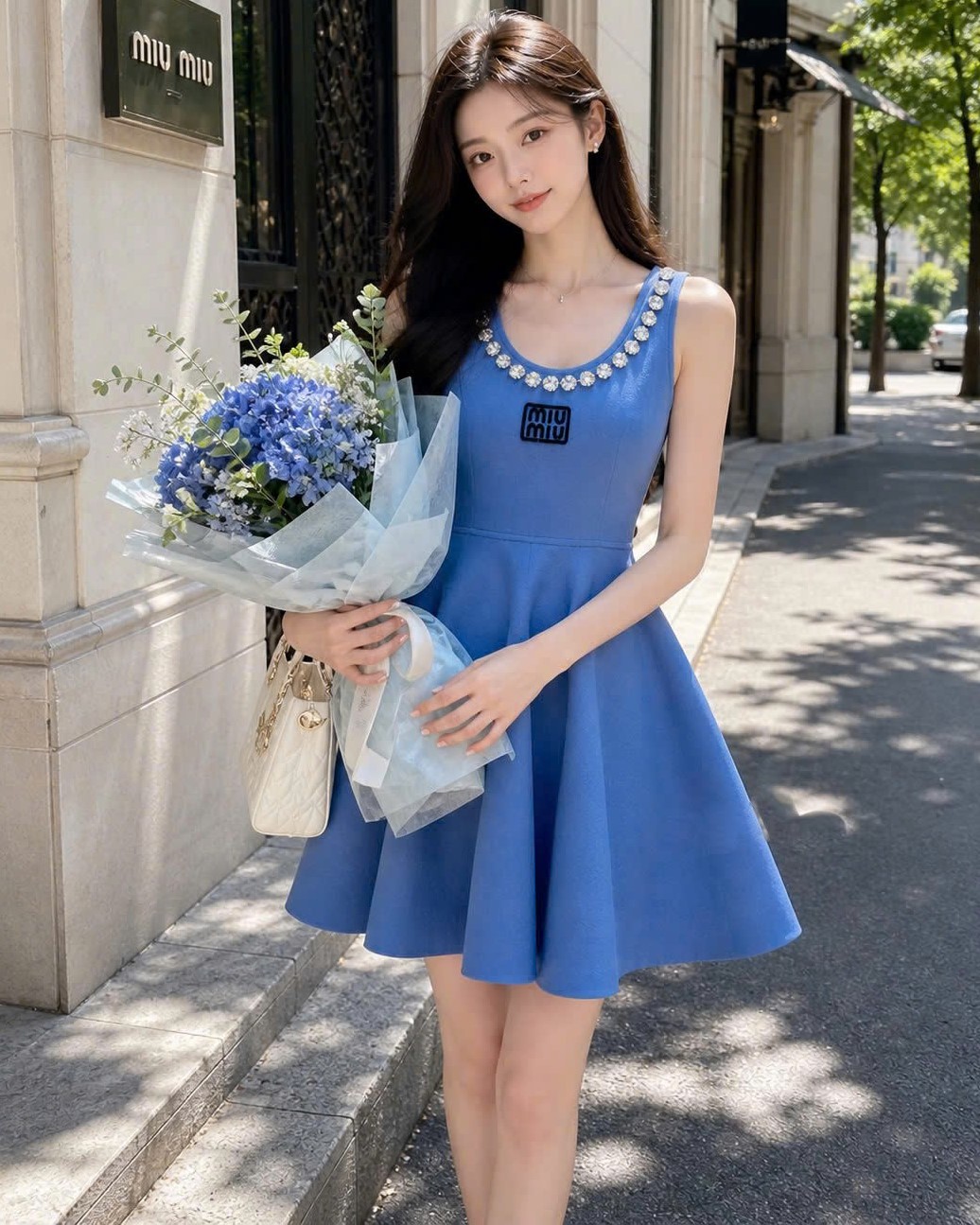 Áo đầm nữ sát nách dáng xòe nhiếu màu đính đá Miu Miu 13