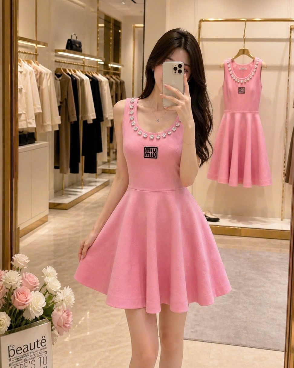 Áo đầm nữ sát nách dáng xòe nhiếu màu đính đá Miu Miu 17