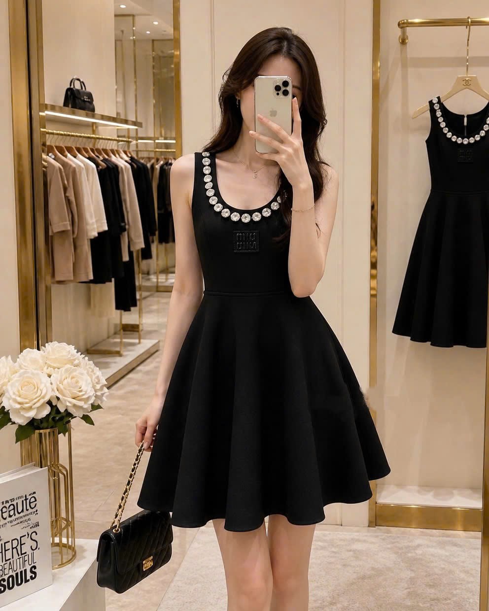 Áo đầm nữ sát nách dáng xòe nhiếu màu đính đá Miu Miu 19
