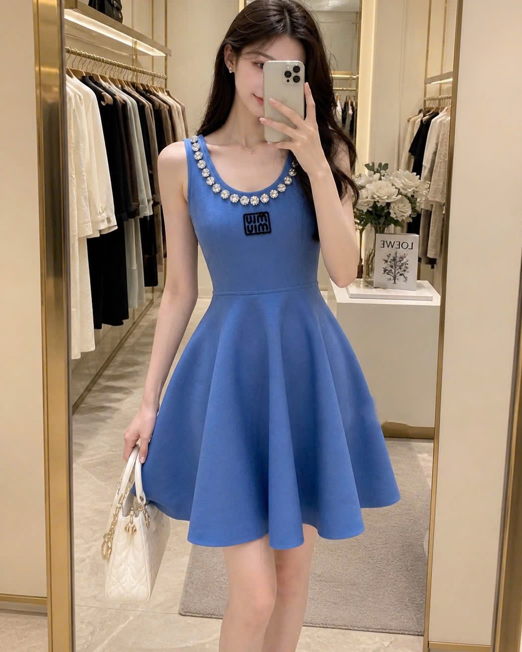 Áo đầm nữ sát nách dáng xòe nhiếu màu đính đá Miu Miu 22