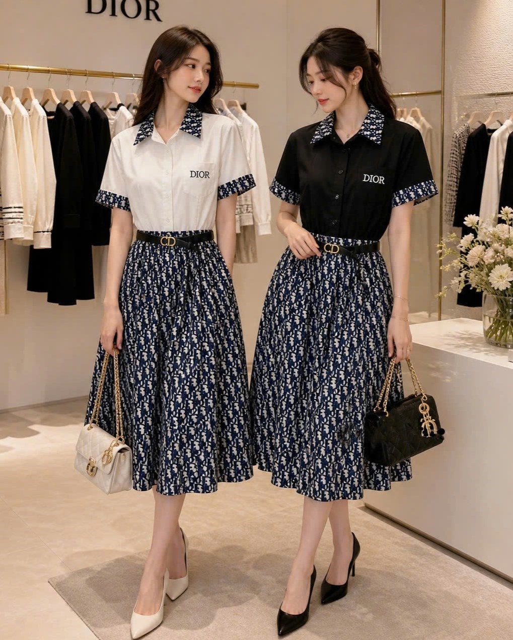 Áo đầm dáng dài xòe trắng đen phối họa tiết hãng Dior 1