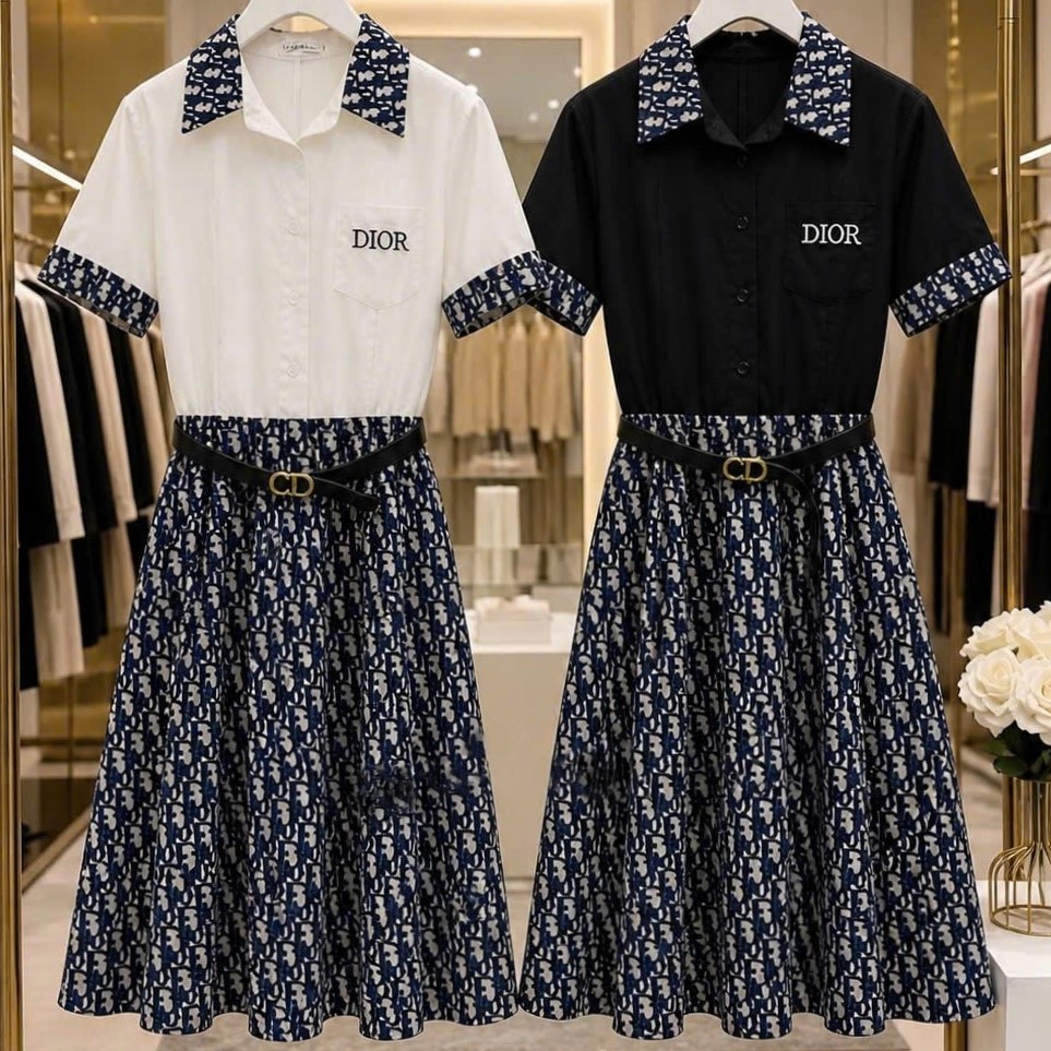 Áo đầm dáng dài xòe trắng đen phối họa tiết hãng Dior 2