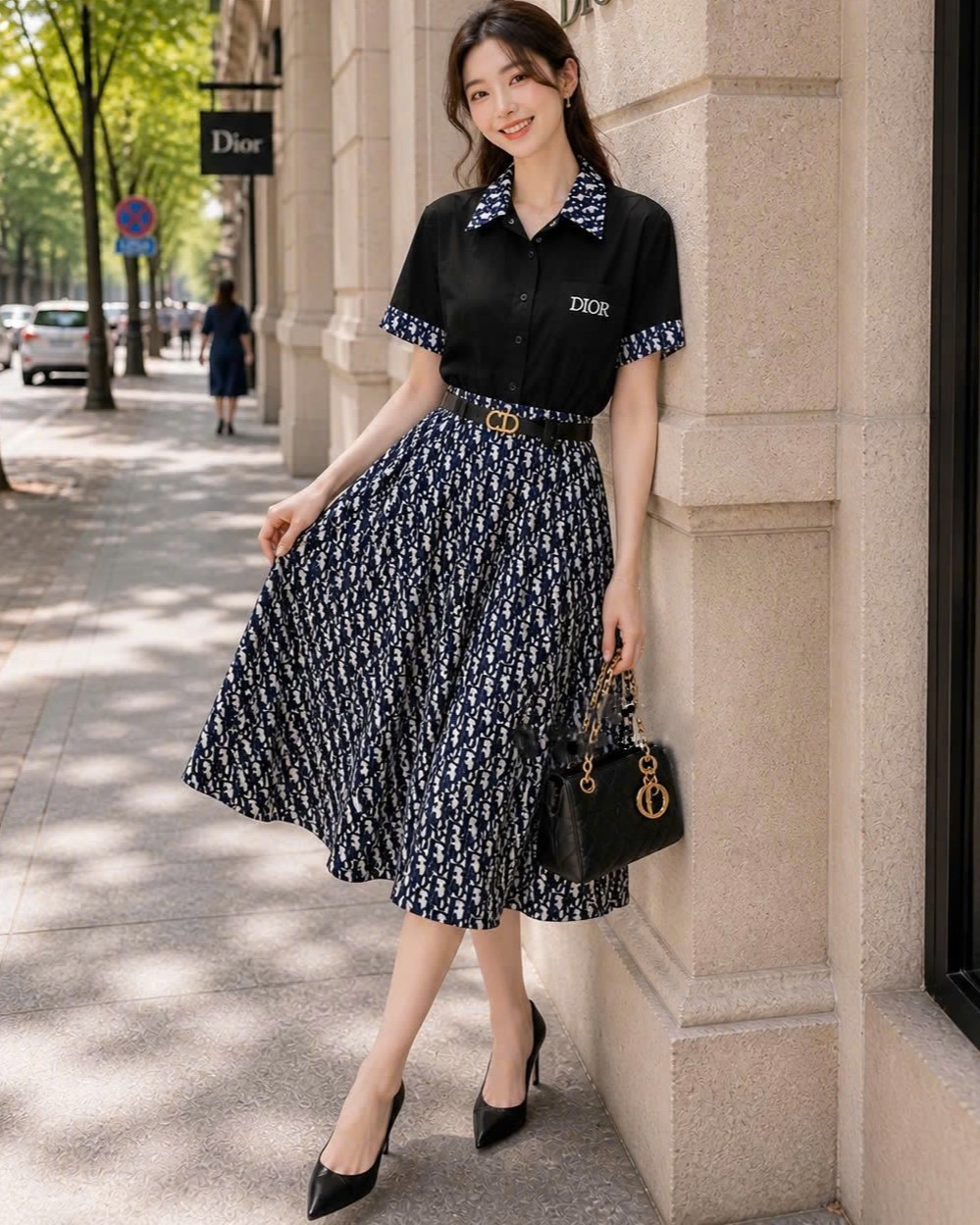 Áo đầm dáng dài xòe trắng đen phối họa tiết hãng Dior 5