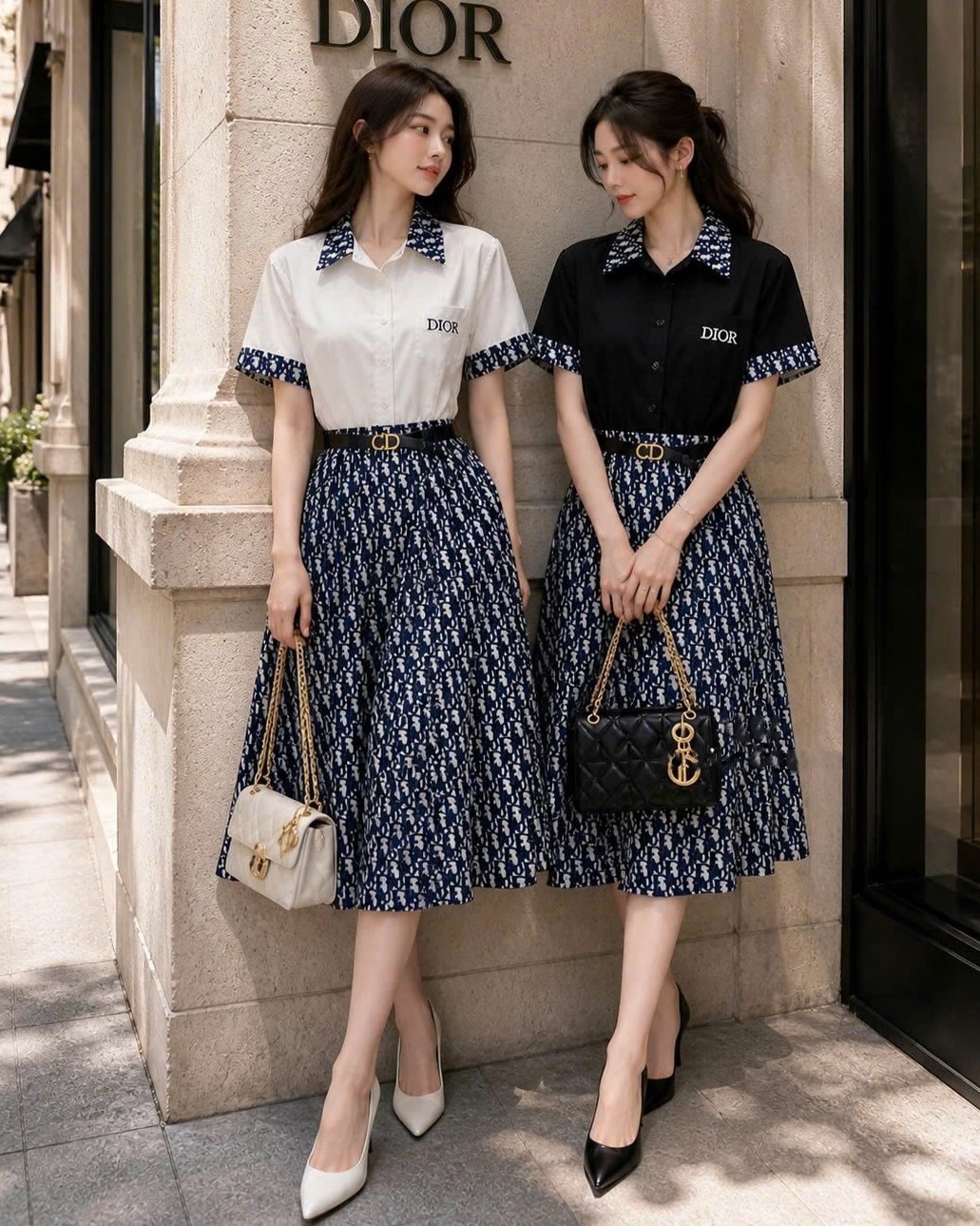 Áo đầm dáng dài xòe trắng đen phối họa tiết hãng Dior 7