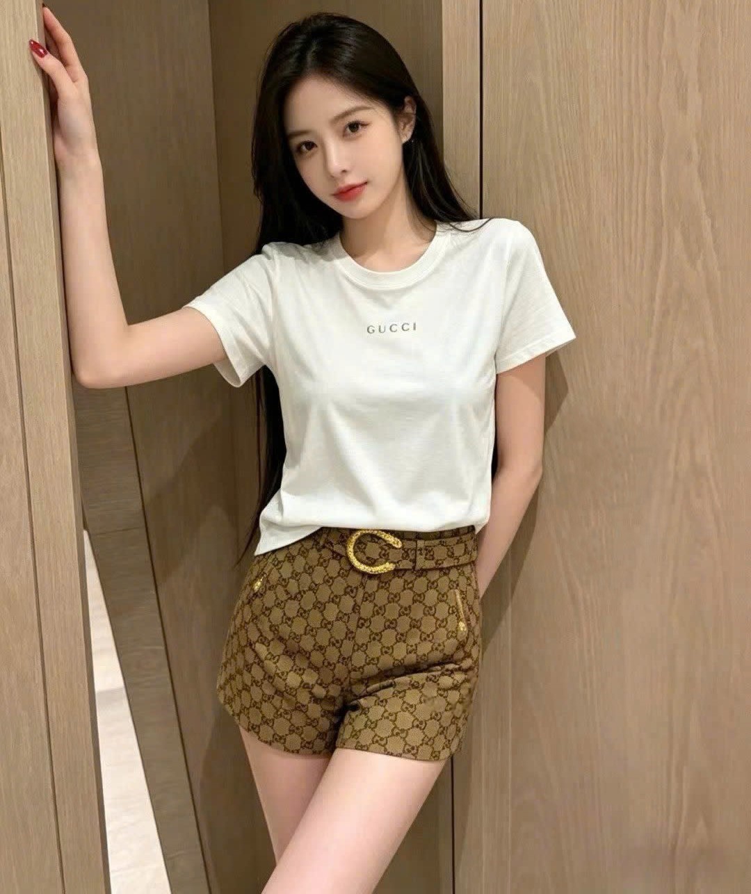 Set áo thun trắng đen quần short nâu vàng Gucci 7