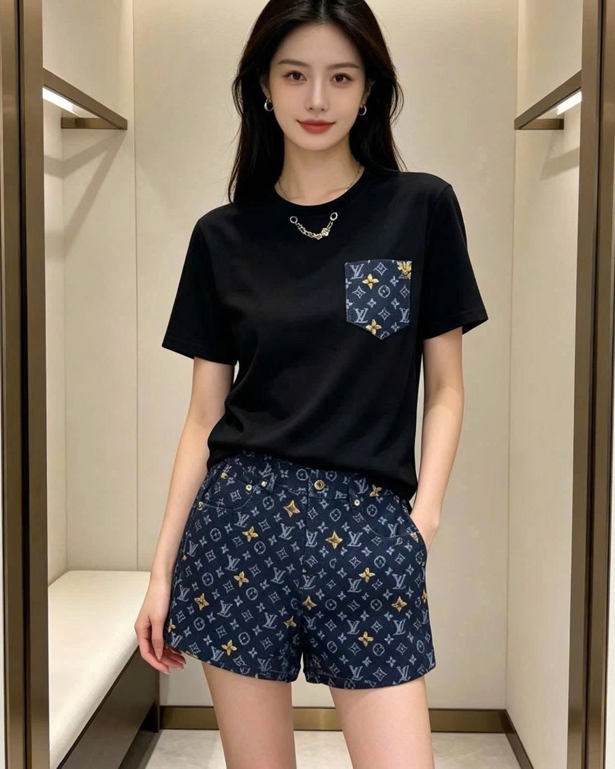 Set áo thun đen phối túi quần short nữ LV 2