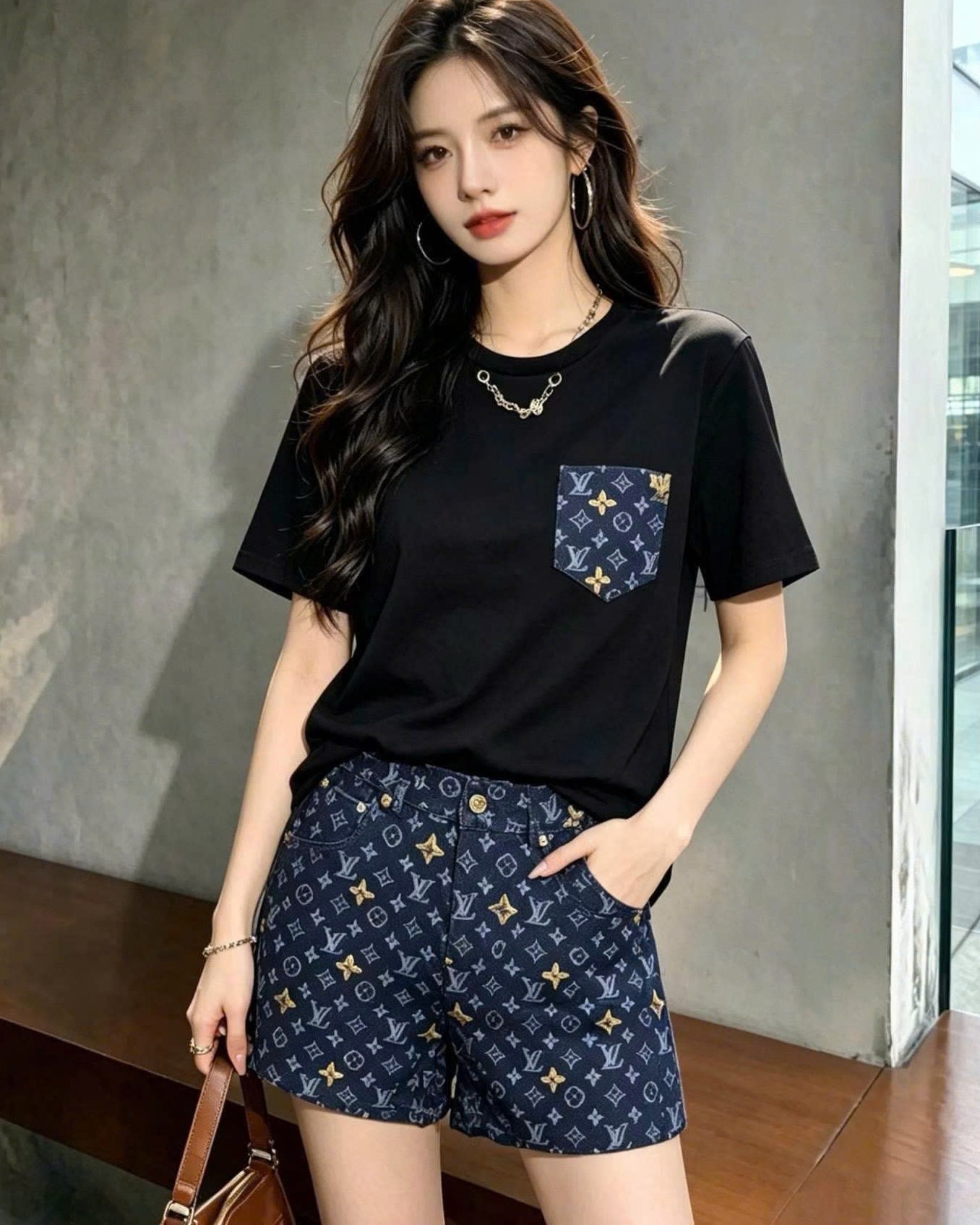 Set áo thun đen phối túi quần short nữ LV 7