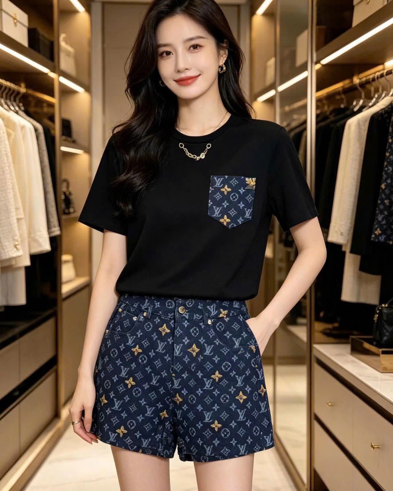 Set áo thun đen phối túi quần short nữ LV 8