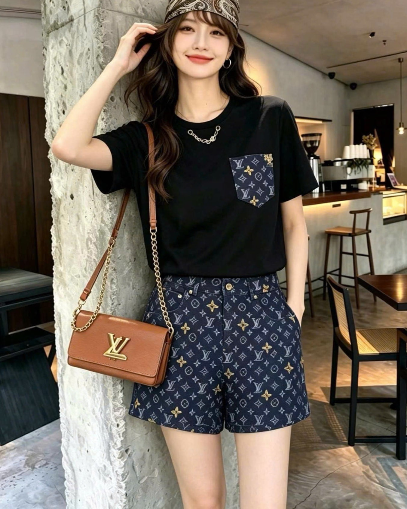 Set áo thun đen phối túi quần short nữ LV 9