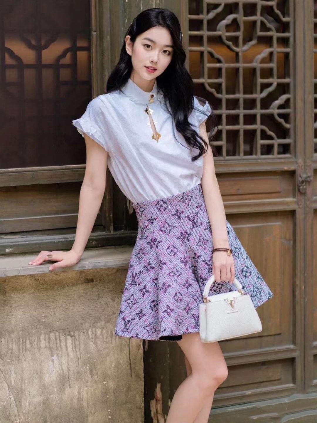 Váy LV Louis Vuitton Monogram Tweed Pleated Circle Skirt 1AFUUC 5