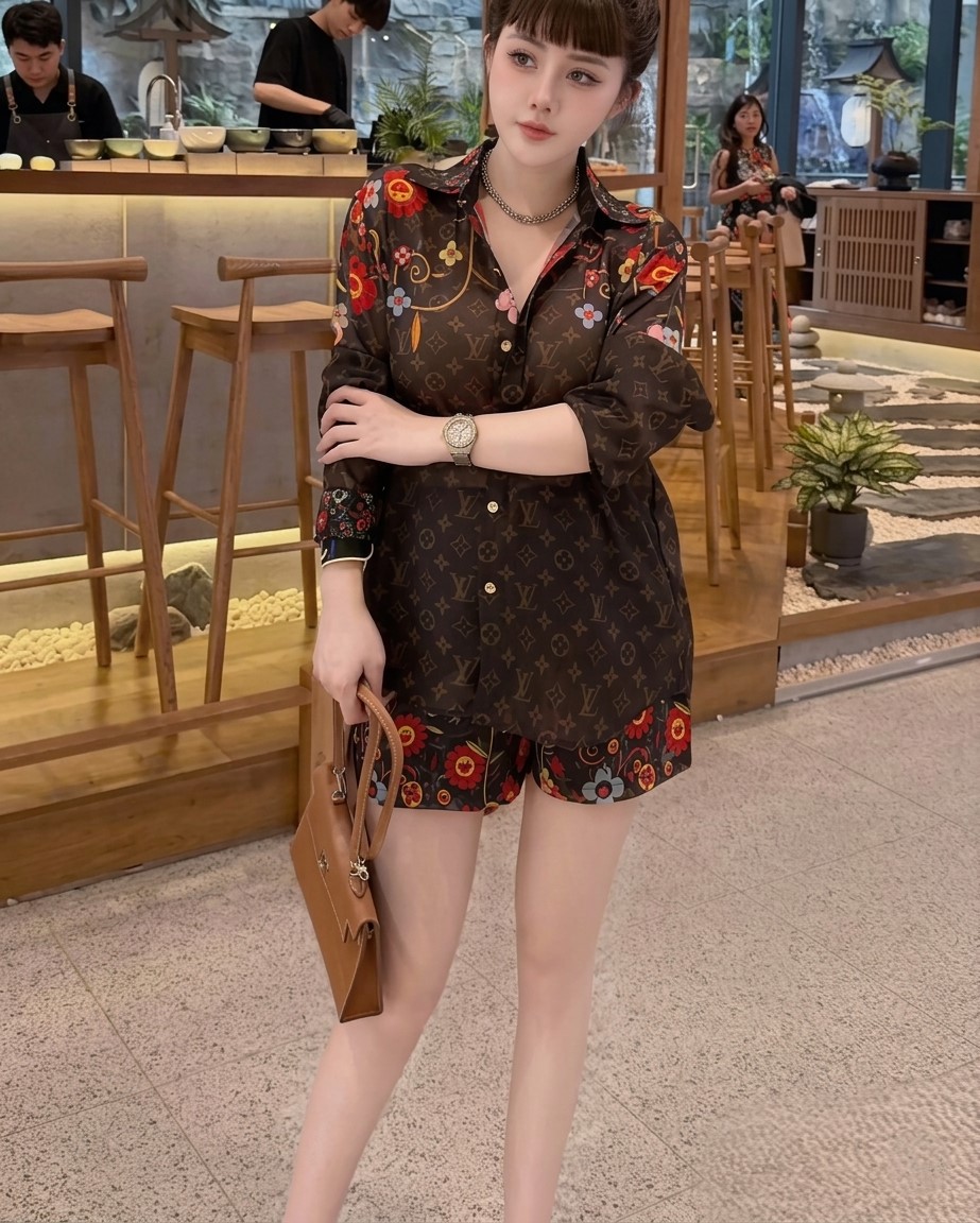 Set bộ ngắn nâu LV họa tiết hoa đỏ 2