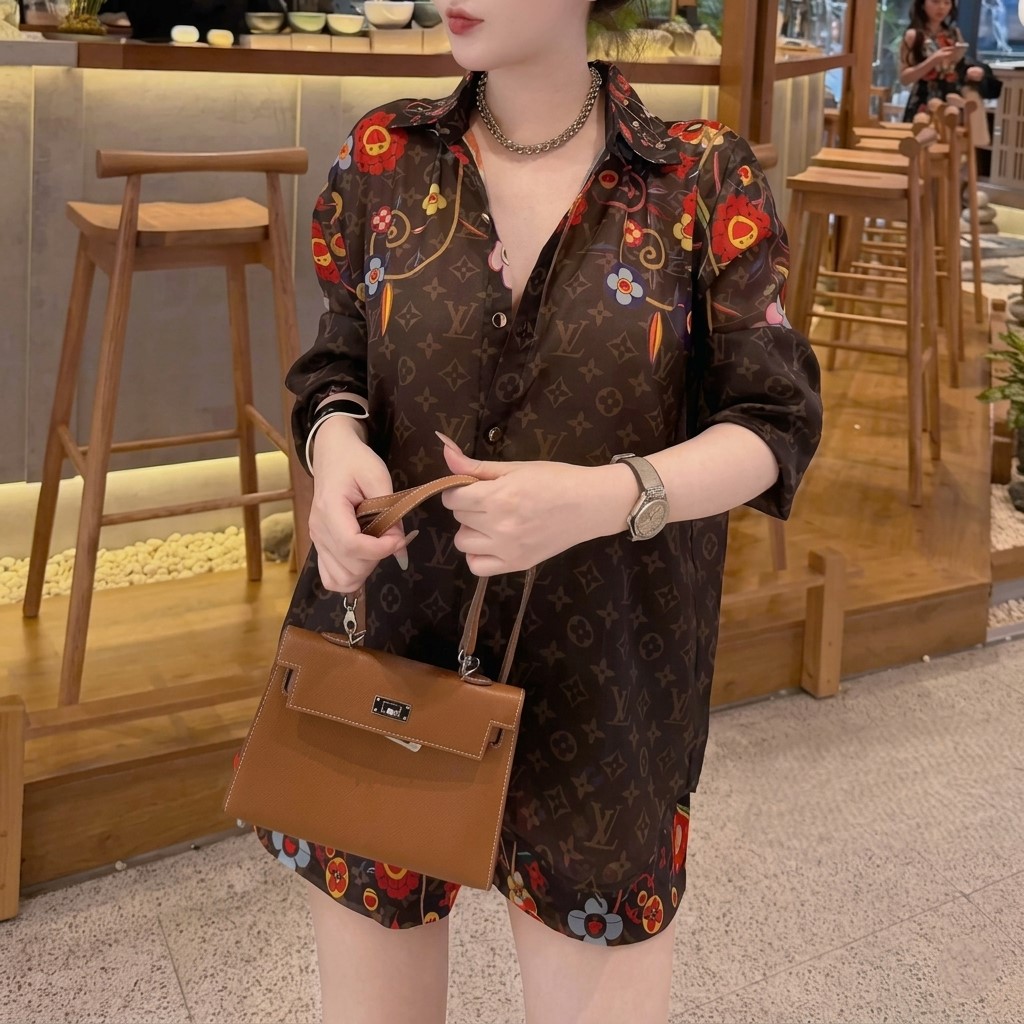 Set bộ ngắn nâu LV họa tiết hoa đỏ 3
