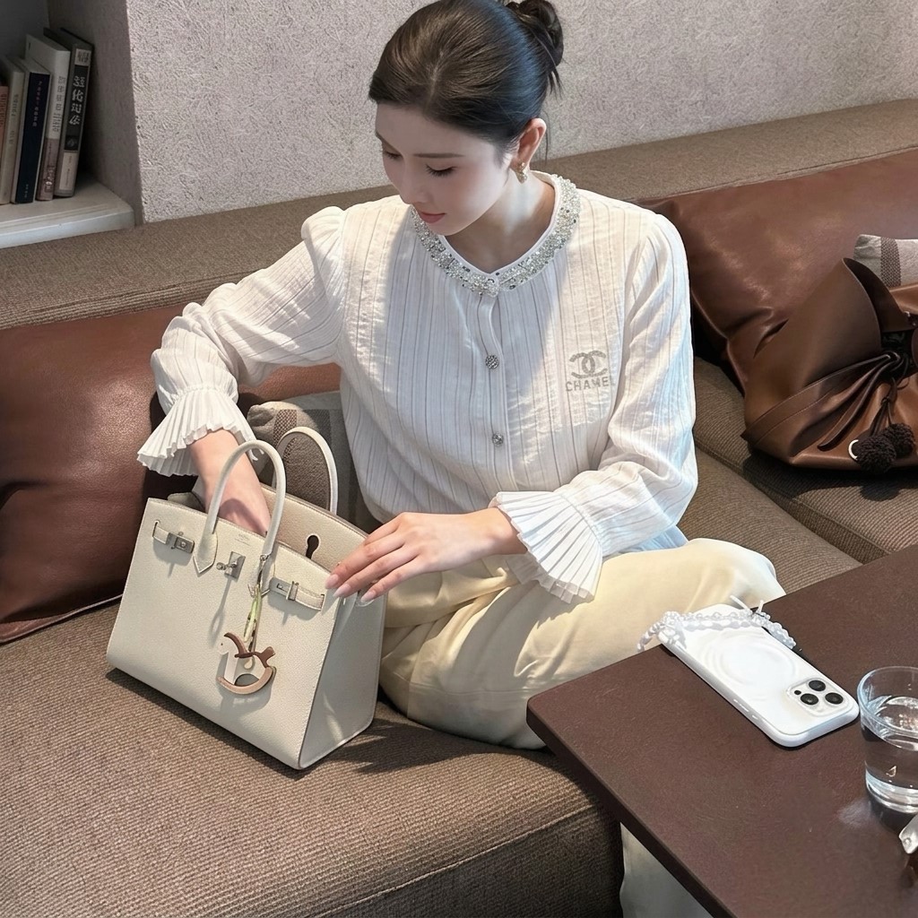 Áo sơ mi chanel tay dài đính đá nữ 3