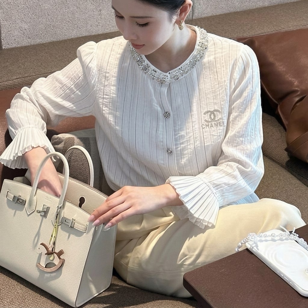 Áo sơ mi chanel tay dài đính đá nữ 5